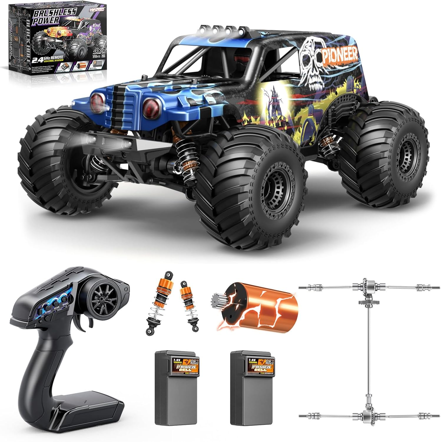 1/14 Brushless RC Cars for Adults, Max 68KM/H Oil Shock Absorber Electric 4WD High-Speed RC Car, Remote Control Cars for Adults RC Truck with Two 2S Lipo Batteries, Compatible with 3S Lipo image number 5