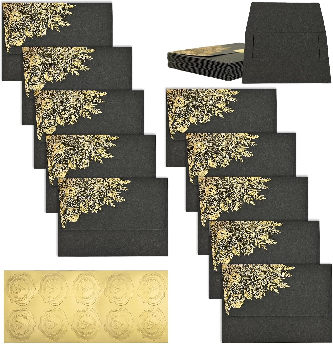 BAYTORY 10 Packs 4X6 Vintage Envelopes with Golden Flower Pattern, A6 Envelopes for Invitation, Greeting Card Envelope with Sealing Stickers for Weddings, Birthday, Graduation, Christmas (Green)