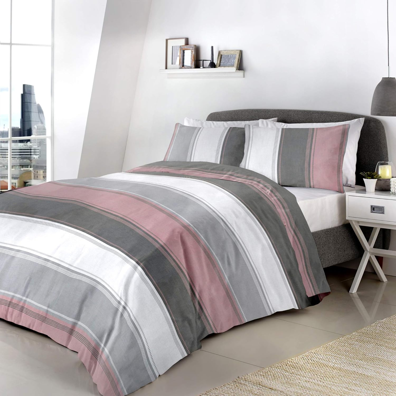 Fusion - White & Grey Wide Stripe Duvet Cover - Super King Bedding Size (26X220Cm) - Contemporary Stripe Duvet Cover in Grey - Lined Bedding Set - Betley Classic Collection