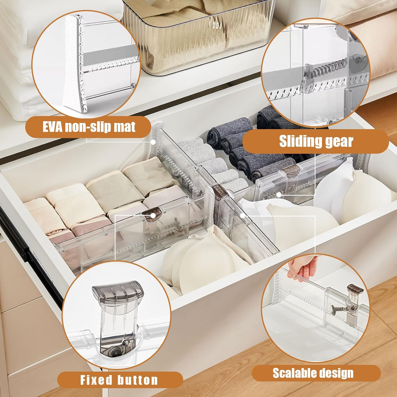 Drawer Dividers,5 Pack Adjustable 4" High Expandable from 14"-21" Clear Drawer Organizer,Drawers Separators with Foam Ends for Clothes, Kitchen Utensils, Bedroom, Bookcase image number 6