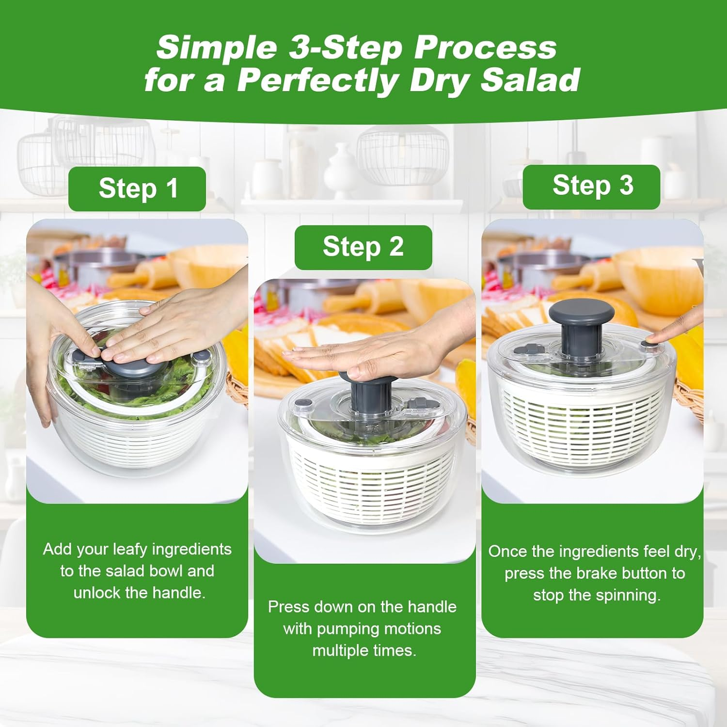 Salad Spinner - 3.6L Non-Slip Vegetable & Fruit Washer/Dryer for Households, Easy-Clean Kitchen Gadget for Greens, Herbs & Vegetables (White)