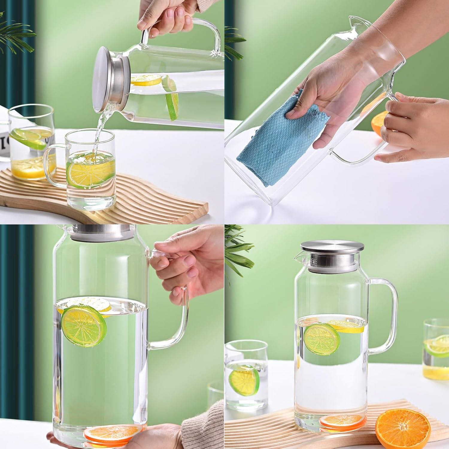 2L 68 Oz G Glass Water Jar with Lid and Handle, Refrigerator Jar, Iced Tea and Homemade Juice Jar, Heat-Resistant Borosilicate Glass Hot/Cold Water Jar. image number 6