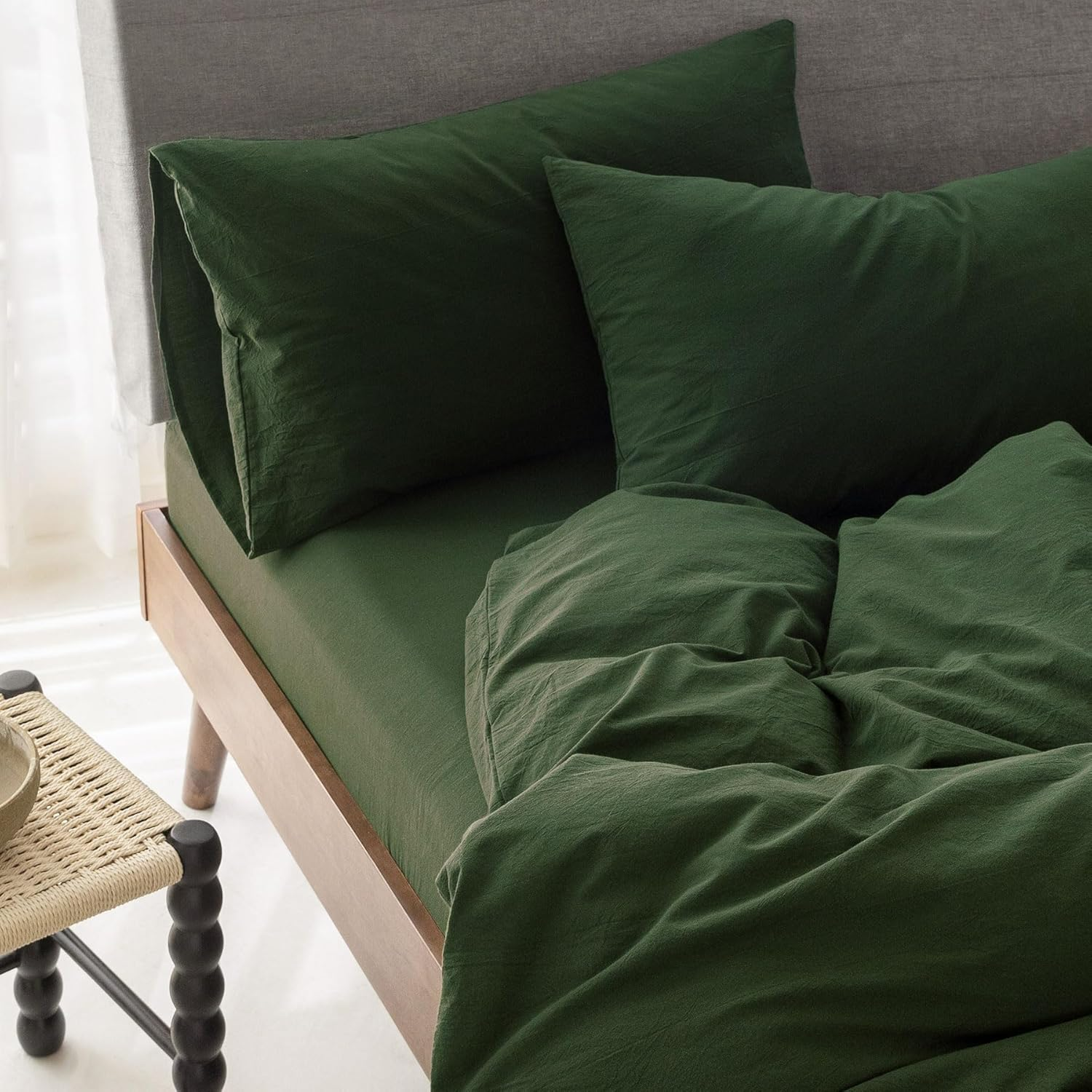 ELIMMO Duvet Cover Set Linen Texture 100% Cotton Fabric Durable Breathable Natural Dreamy Chic Feel (Forest Green, Queen) image number 3