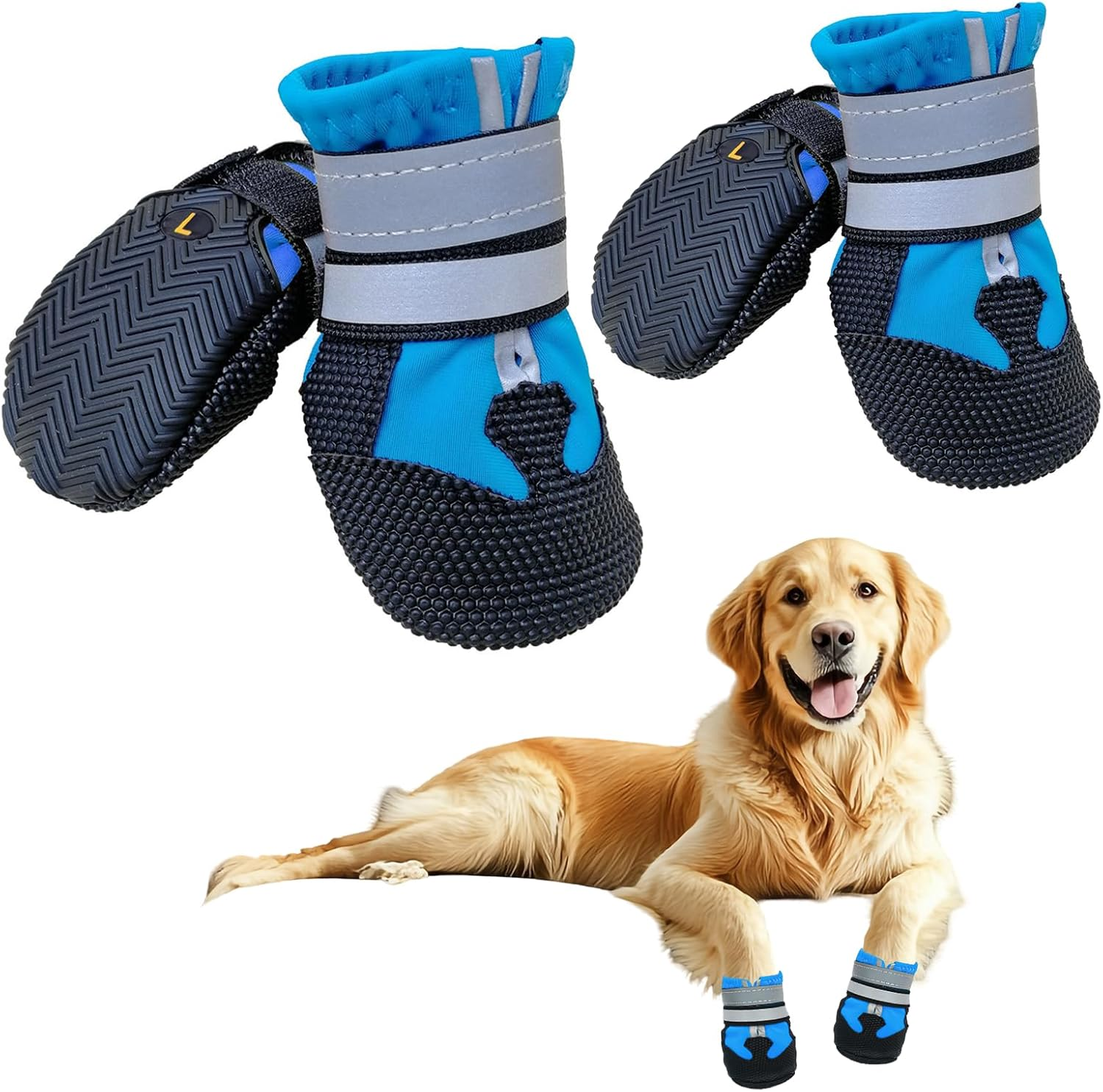 4 PCS Dog Boots Paw Protector,Breathable Dog Paw Protector, Dual Adjustable & Washable Non-Slip Shoes with Reflective Strip for Injured Paws, Outdoor Walking Boots for Medium Large Dogs(L)