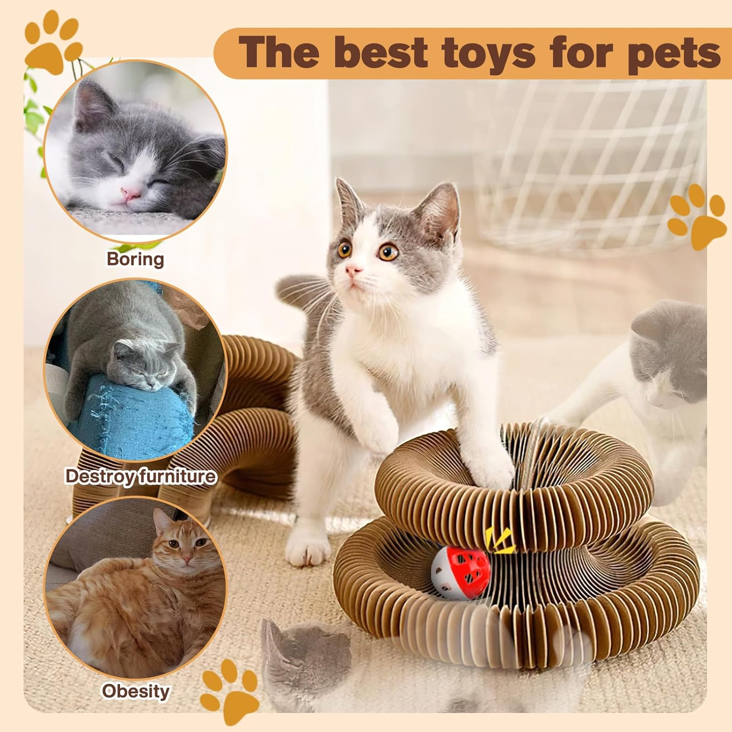 Magic Organ Cat Scratcher Board with 3 Balls, Foldable Recyclable Accordion Cats Toy with Ball and Track Adventure, Cat Scratching Pad, Retractable Reversible Furniture Protector(Brown) image number 6