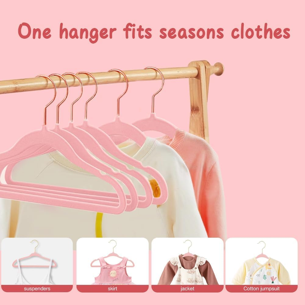 Velvet Hangers, 32 Pack Clothes Hangers Non-Slip Hangers for Infant/Toddler Pink (Gold Hook)