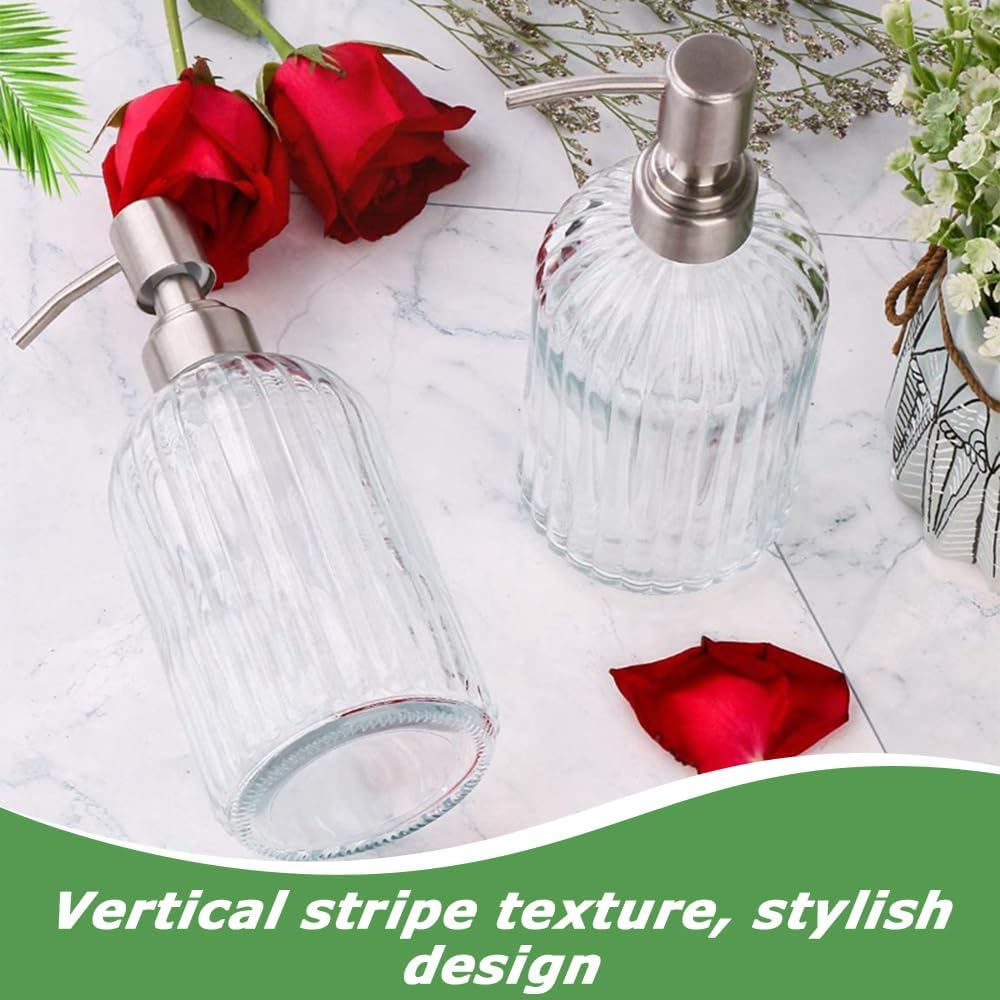 18 Oz Glass Soap Dispenser with Rust Proof Stainless Steel Pump, Refillable Hand Soap Dispenser with Vertical Stripe, Premium Bathroom Soap Dispenser for Kitchen & Bathroom. image number 1