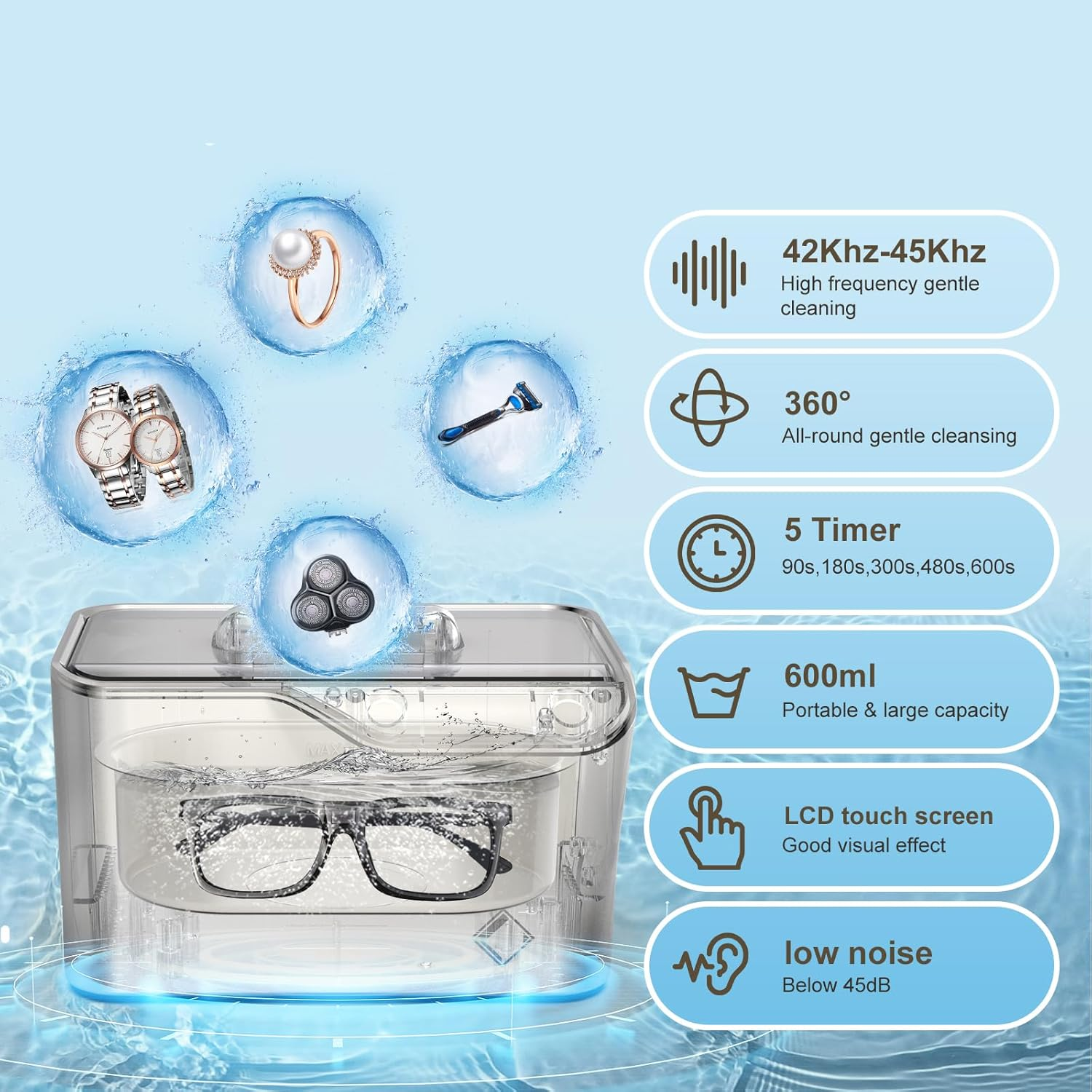 Ultrasonic Jewelry Cleaner 600Ml 42,000 Hz with Digital Timer and Cooling Fan for Cleaning Jewelry Eyeglasses Earrings Rings Necklace Coins Razors Dentures Combs Tools Silver
