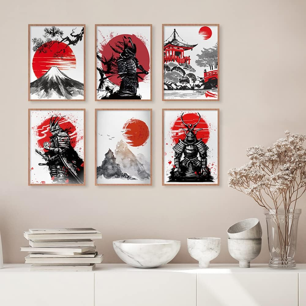 YUMKNOW Japanese Art Wall Decor - Unframed 8X10 Set of 6, Modern Minimalist Asian Oriental Decor for Living Room, Samurai Armor Warriors Prints Posters for Bedroom, Japan Red White Art Office Gifts image number 3