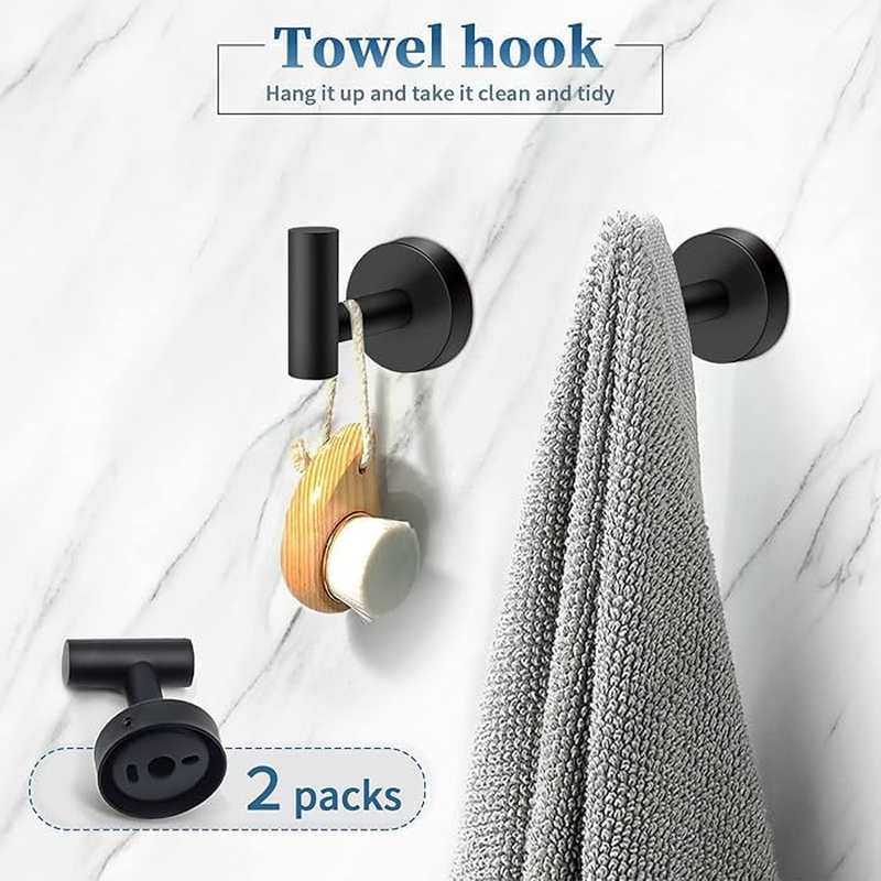 Bathroom Hardware Set 6-Piece - Towel Bar Toilet Paper Holder Wall Mounted 2 Towel Hooks 2 Adhesive Hooks - Stainless Steel Bathroom Accessories（Black） image number 7