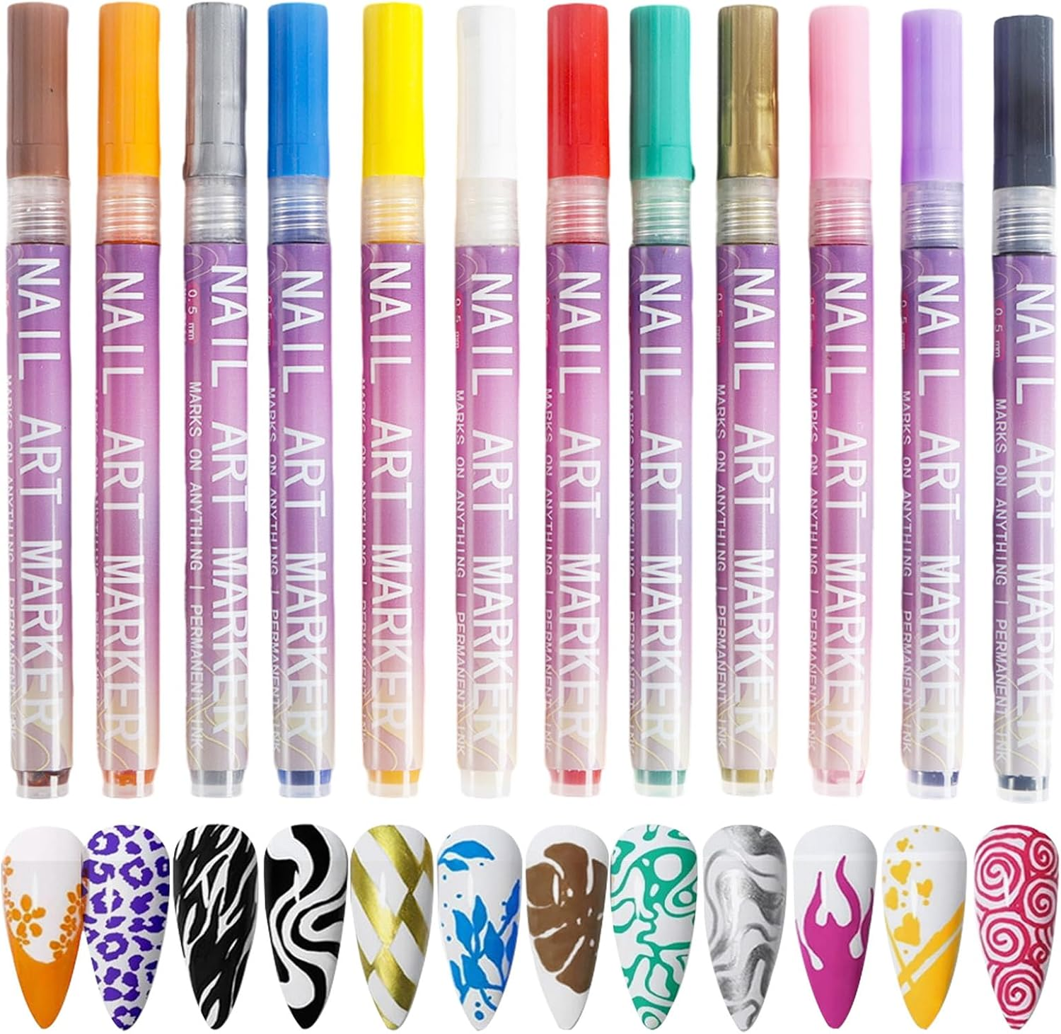 12 Colors Nail Arts Pens Set, Acrylic Nail Paint Pens Kit Quick Drying, 3D Gel Nails Polish Pen, Nails Art Drawing Pen, Fine Tip Graffiti Dotting Waterproof Nailpolish Drawing Kit for Home, Salon DI.Y image number 2