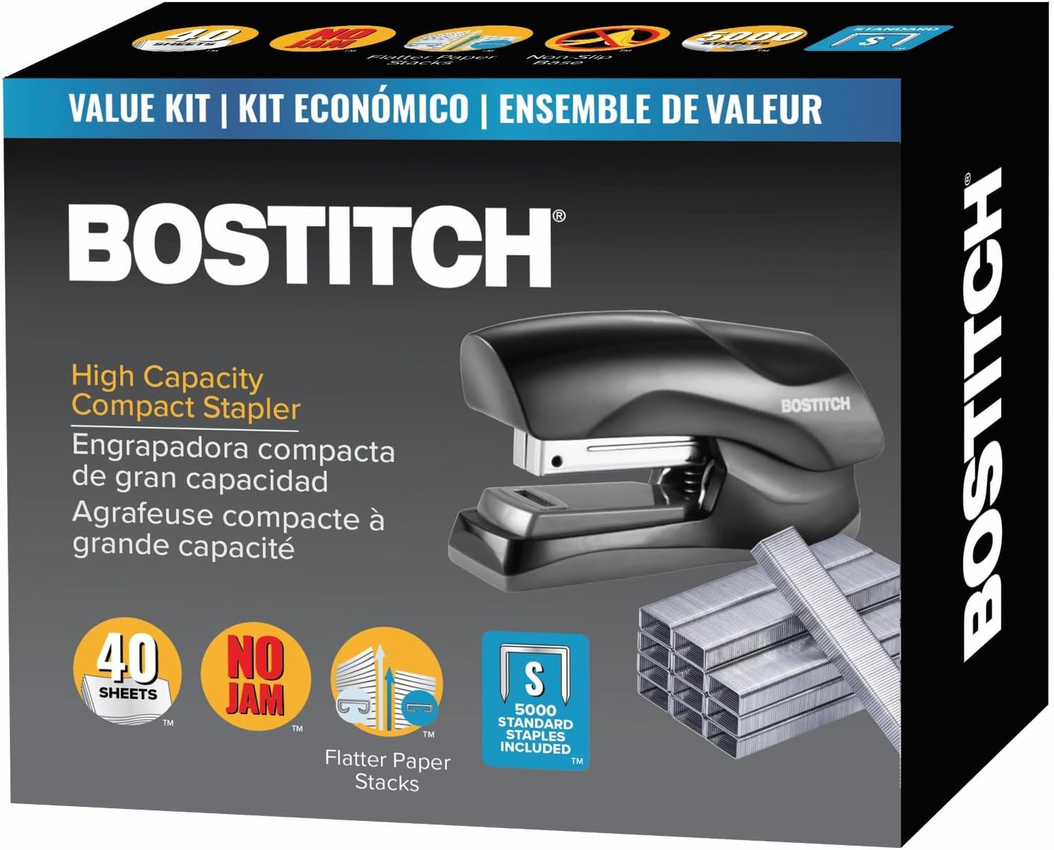 Bostitch Heavy Duty Stand up Stapler, Black, 40 Sheet Capacity with 5000 Staples, Small Stapler Size, Fits into the Palm of Your Hand
