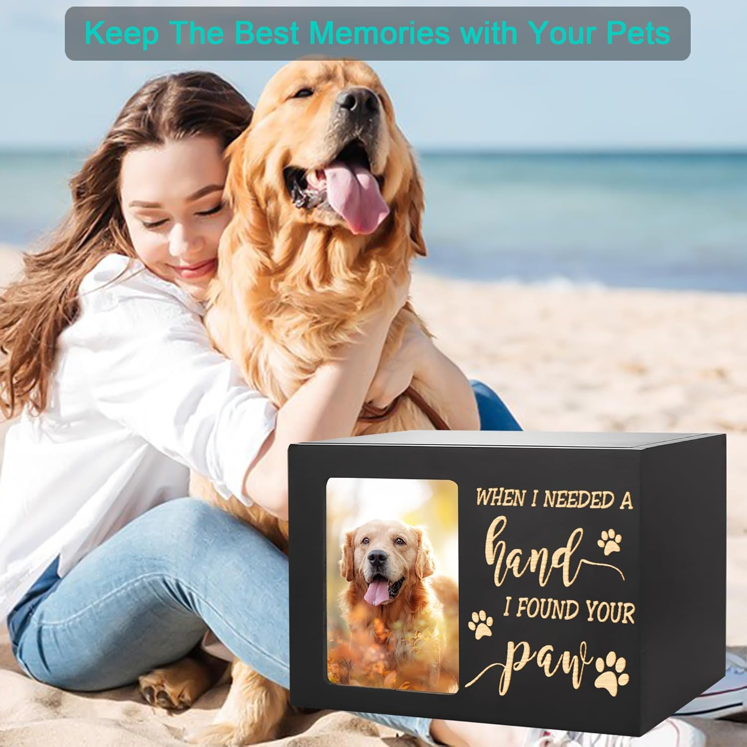Pet Memorial Urns for Dog or Cat Ashes, Large Wooden Funeral Cremation Urns with Photo Frame, Memorial Keepsake Memory Box with Black Flannel as Lining, Loss Pet Memorial Remembrance Gift image number 6