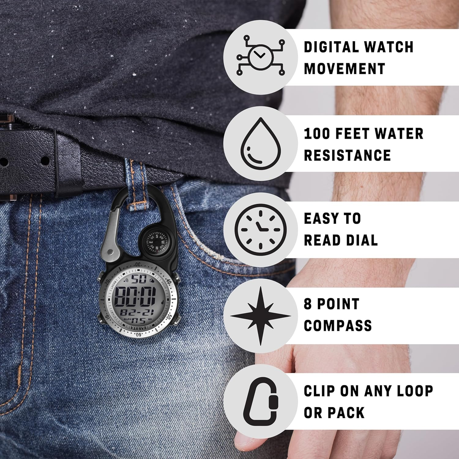 Dakota Digital Backpacker Clip-On Watch &ndash; Rugged Waterproof Fob Watch with Compass, Stopwatch, Alarm & Dual Time | Heavy-Duty Alternative to Pocket Watch for Men & Women | Ideal for Camping, Defence, Tradies &ndash; BLACK image number 4