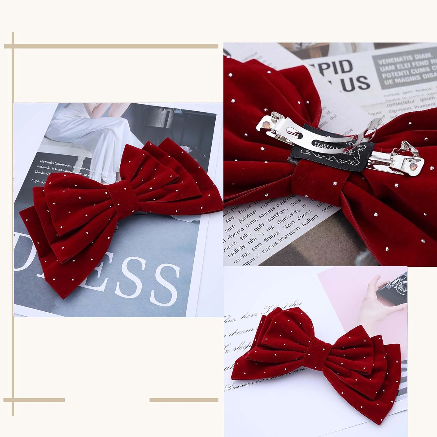 Large Hair Bows for Women Glitter Bow Hair Clips Velvet Bow Clips Cute Hair Bow Clips French Bow Crystal Bows Party Wedding Barrette Bowknot Hair Accessories Red