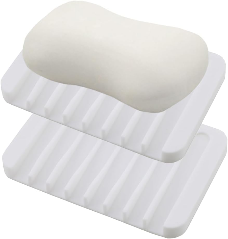 Vekol Self Draining Soap Dishes 2PCS Silicone Soap Holder Waterfall Drainer Soap Saver, Sponge Holder, Dish Soap Tray for Shower, Bathroom, Kitchen, Bath Tub, Razor (White+White) - Camo+Camo image number 3