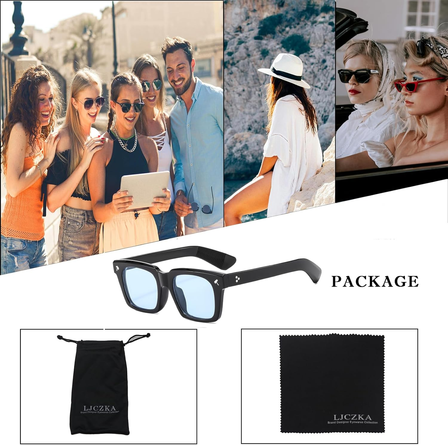 LJCZKA Rectangle Thick Frame Sunglasses for Women Men Retro 90S Square Glasses UV400 Protection for Driving Eeywear image number 3