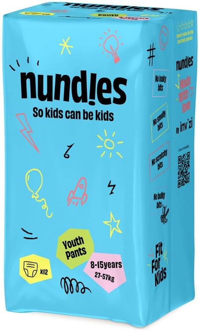 Nundies Youth Pants &ndash; Disposable Nappy Pants for Kids & Teens, Day & Night Leak Protection, Odour Control, Soft Slim Fit Underwear for Boys & Girls - Large (8&ndash;15 Years) - 12 Pack image number 2