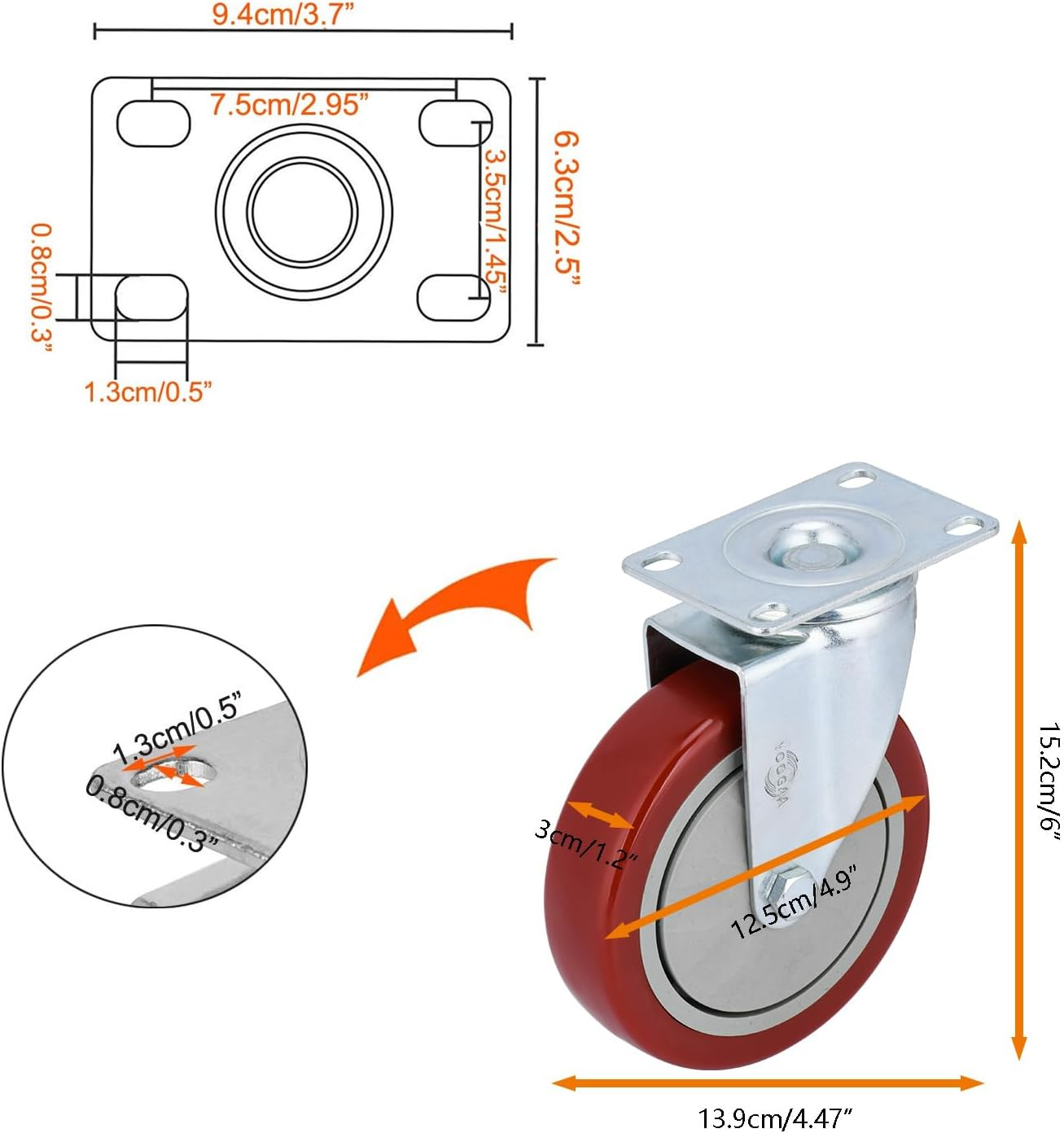 YOOGAA 5" Heavy Duty Caster Swivel Caster Wheels No Noise 360 Degree Rotation Plate Caster with Screw Total Capacity 1500Lbs Set of 4 without Brake image number 3
