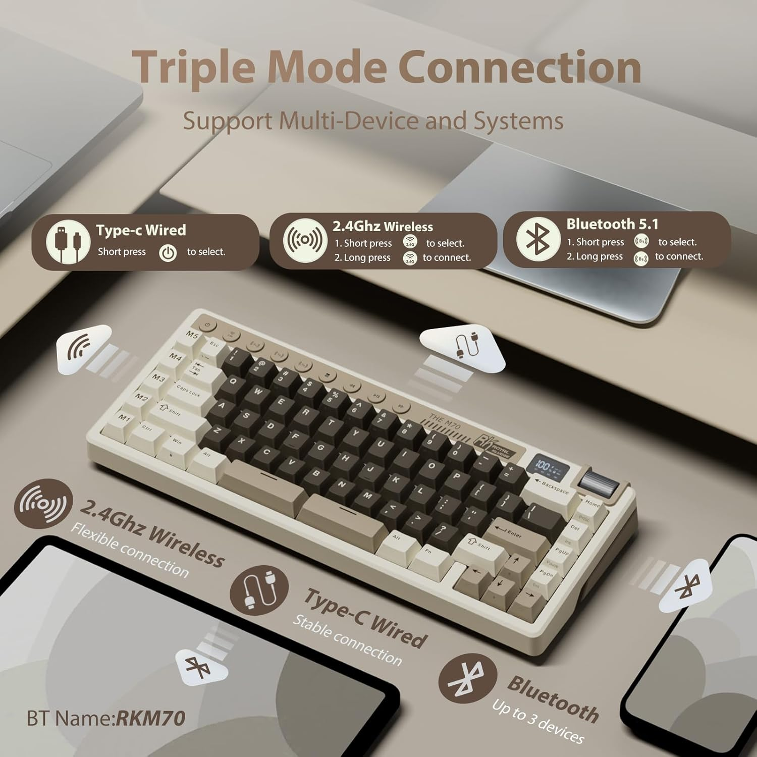 RK ROYAL KLUDGE M70 Mechanical Keyboard 2.4Ghz/Bt5.1/Wired 70 Keys Wireless Gaming Keyboard Gasket Mounted ABS Keycaps Cream Switch Brown image number 4