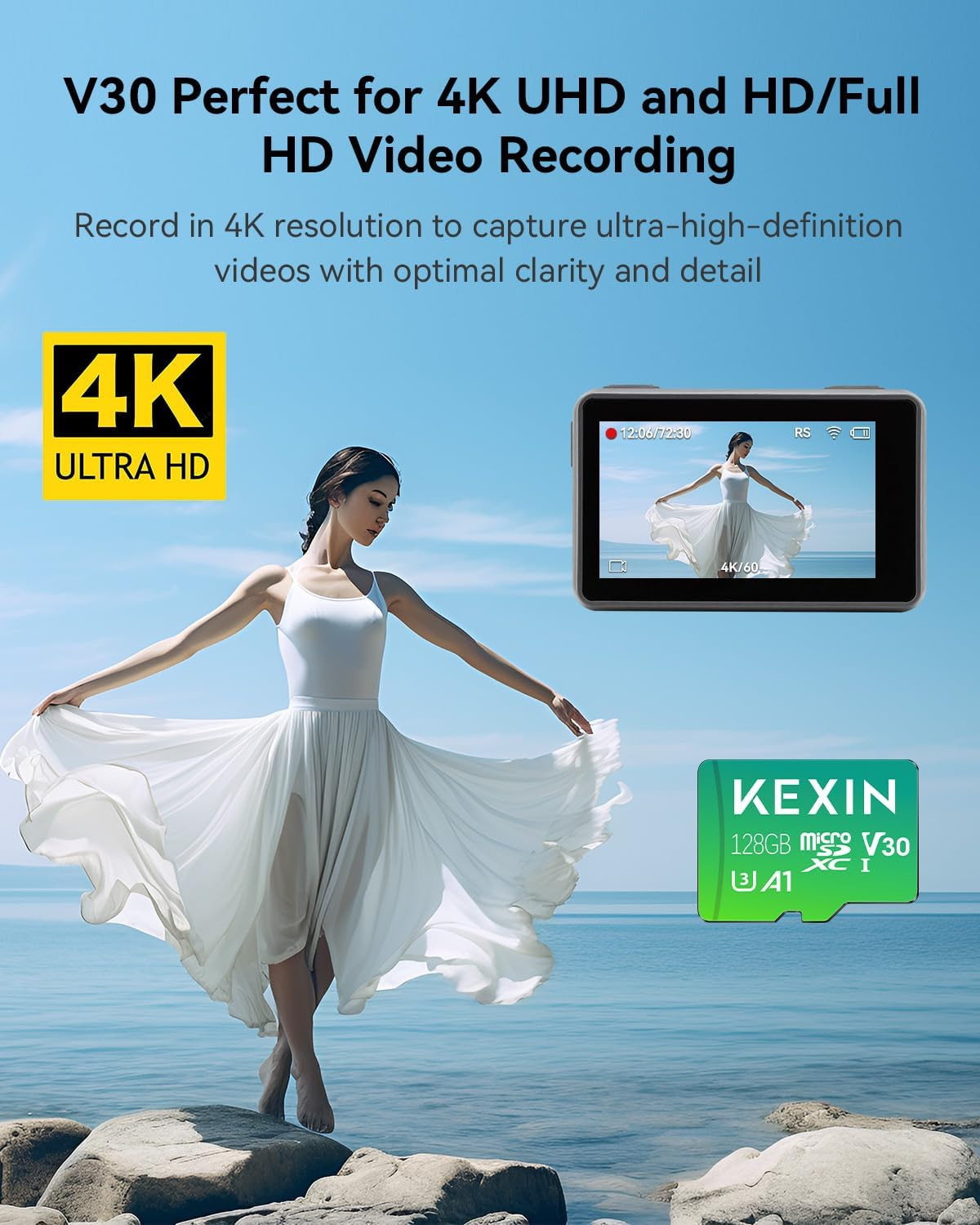 KEXIN 128GB Micro SD Card Pack of 2 Microsdxc Memory Card + SD Adapter for Action Camera Gopro Drone and Tablet, Read Speed up to 95Mb/S, 4K UHD Video Recording TF Card, C10, U3, A1, V30 image number 2