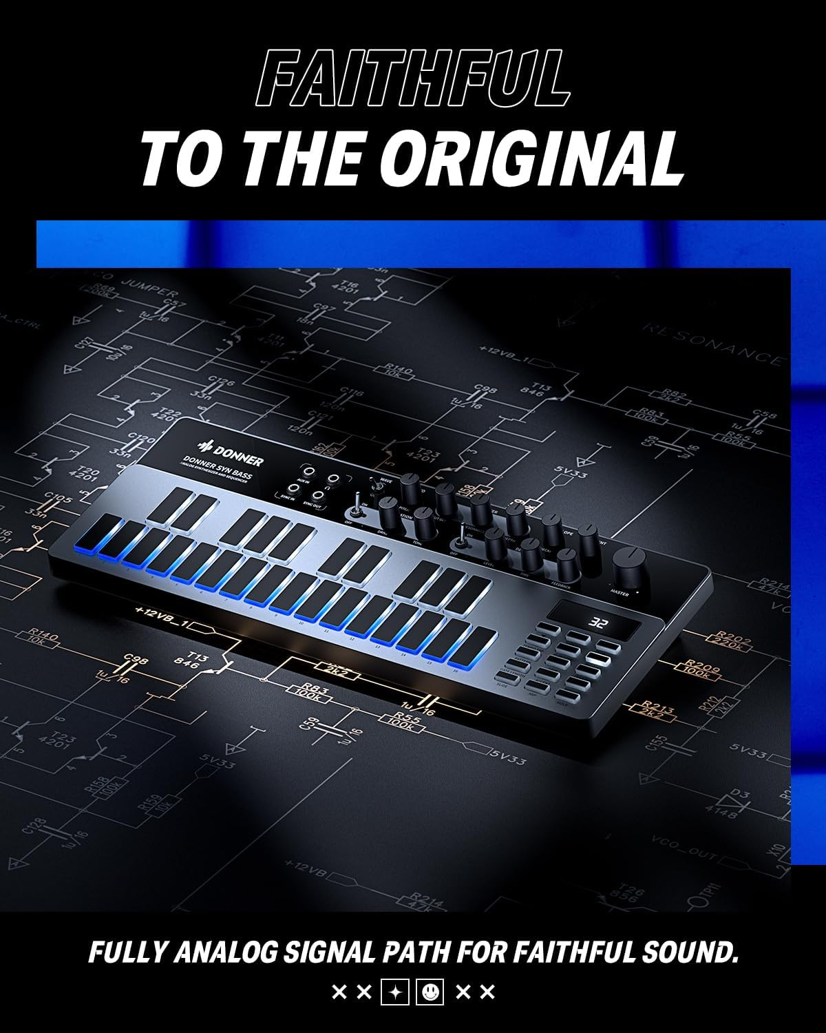 Analogue Bass Synthesizer and Sequencer, Donner Essential B1 with Intuitive User Interface, 128 Pattern Memory, Saturation & Delay Effects, Ideal for Classic Acid Sound image number 1