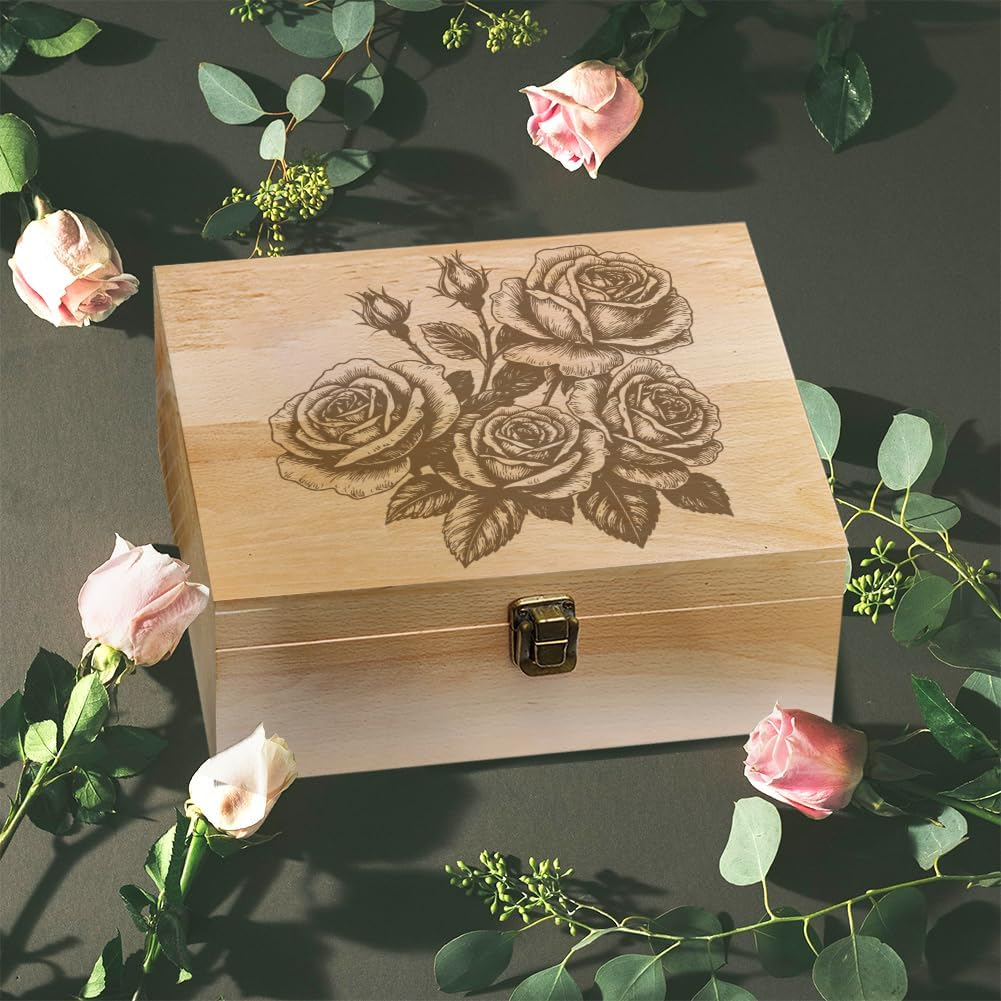 Arricraft 1 Pc Wooden Memory Keepsake Box, Sketch of a Rose Bush Pattern Storage Decorative Memory Wooden Box with Hinge Lids for Photos Dvds Letters Holding 24.5X19.5X10.3Cm image number 2