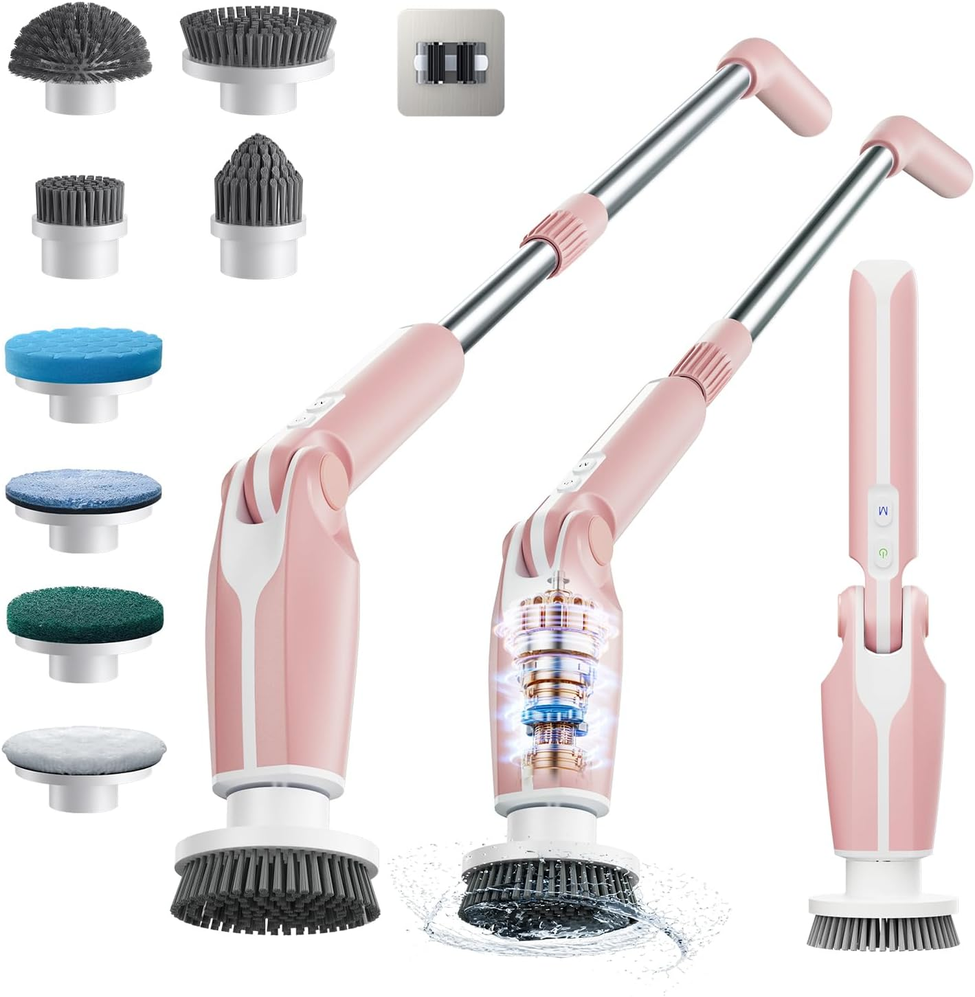 Leebein Electric Spin Scrubber, Electric Scrubber with 4 Adjustable Angles and 8 Brush Heads, Shower Scrubber with Long Handle & Remote Control, Cleaning Brush for Bathroom, Tub, Floor, Tile