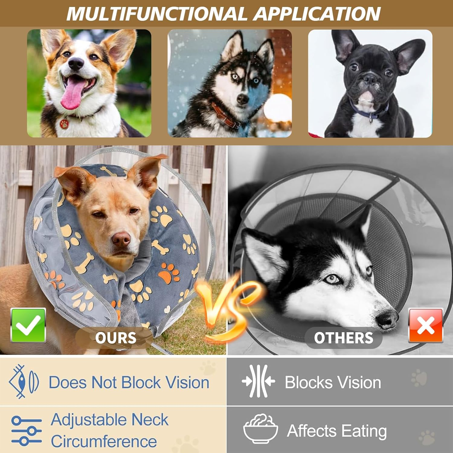 Inflatable Dog Cone Collar - Soft & Comfortable Collar for Small/Medium Dogs, Adjustable Donut Collar to Prevent Licking Wounds & Stitches, Cute Pattern Pet Surgery Protection (Grey, S)