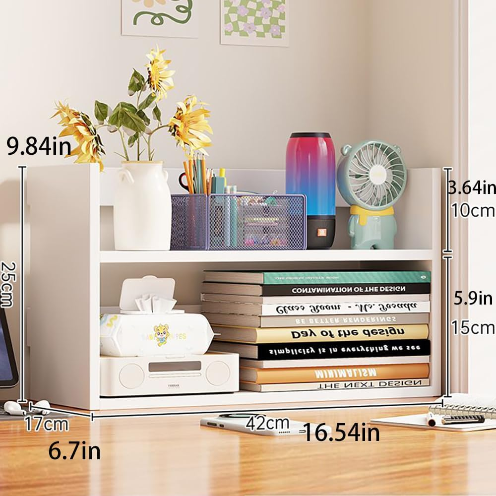 Hbluefat Desktop Organizer Shelf, Small Wood Desk Bookshelf, Tabletop Bookcase Display Storage Rack for Home Office Kitchen (2- Tier,White) image number 2