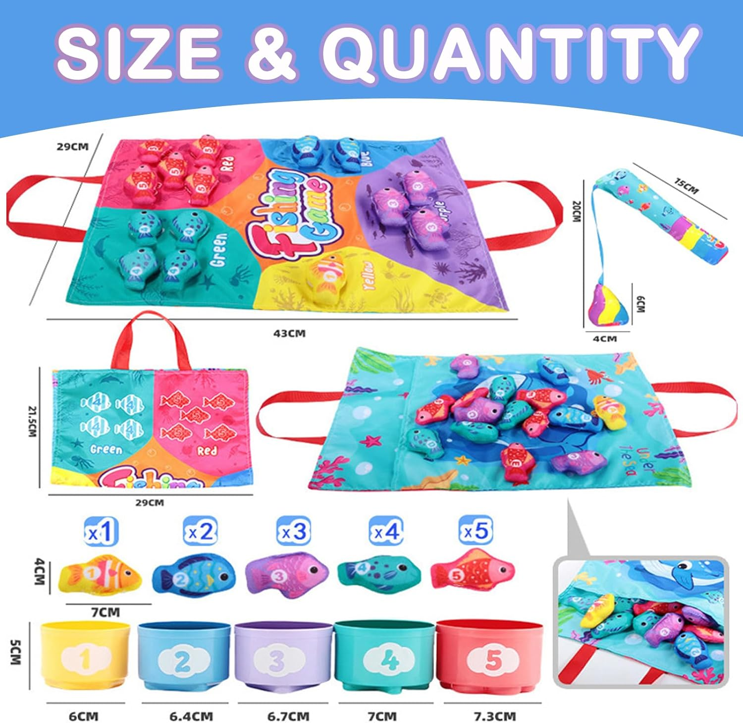 22Pcs Cloth Fishing Game with Stacking Cups, Toddler Toys for 1 Year Old Boy Girl Birthday Gift, Toddlers'S Sensory Toy with Stacking Cups Number Counting, Color Sorting Learning image number 2