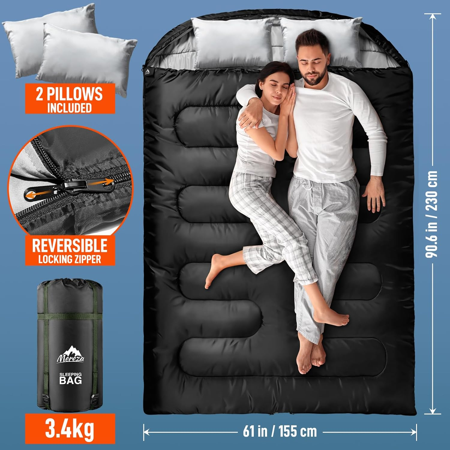 MEREZA Double Sleeping Bag for Adults Mens with Pillow, XL Queen Size Two Person Sleeping Bag for All Season Camping Hiking Backpacking 2 Person Sleeping Bags for Cold Weather & Warm image number 1