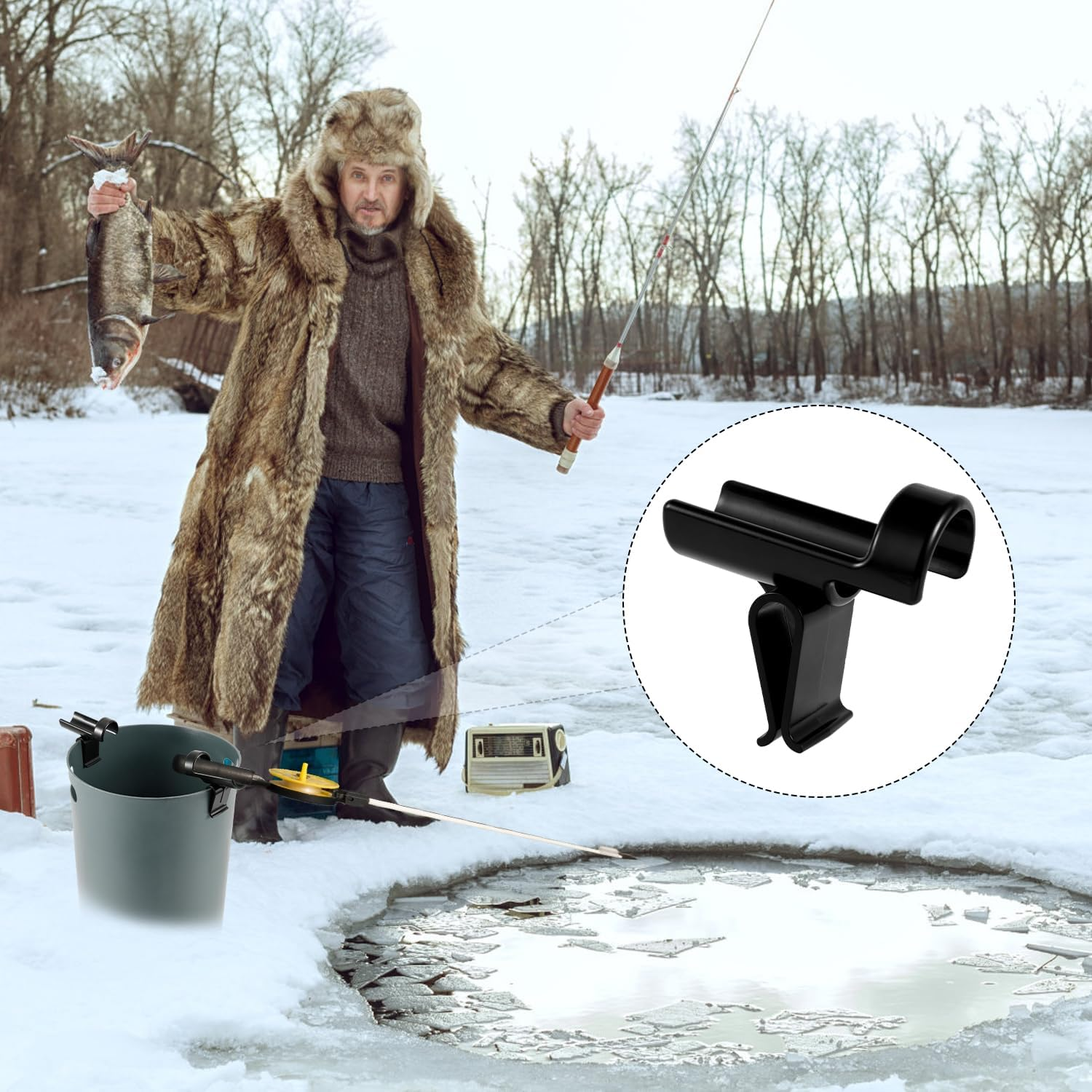 2Pcs Bucket Fishing Rod Holders, Ice Fishing Pole Holders Reliable Bucket Rod Holder for Fishing Bucket Rod Rack for Almost Any Ice Rods on Your Bucket(Black) image number 6