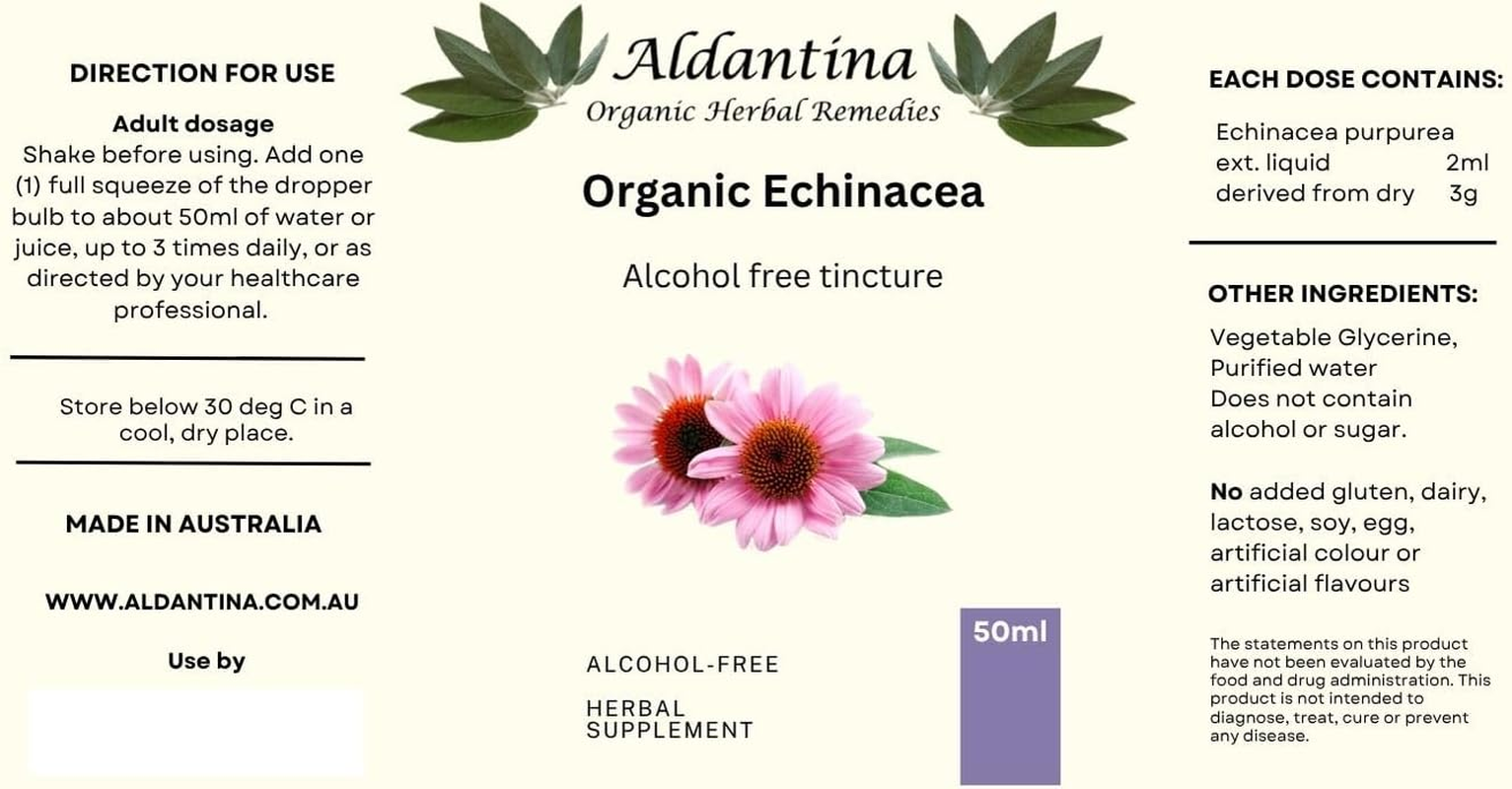 Organic Echinacea (Echinacea Purpurea) Alcohol-Free, Australian Made Tincture/Extract, 50Ml
