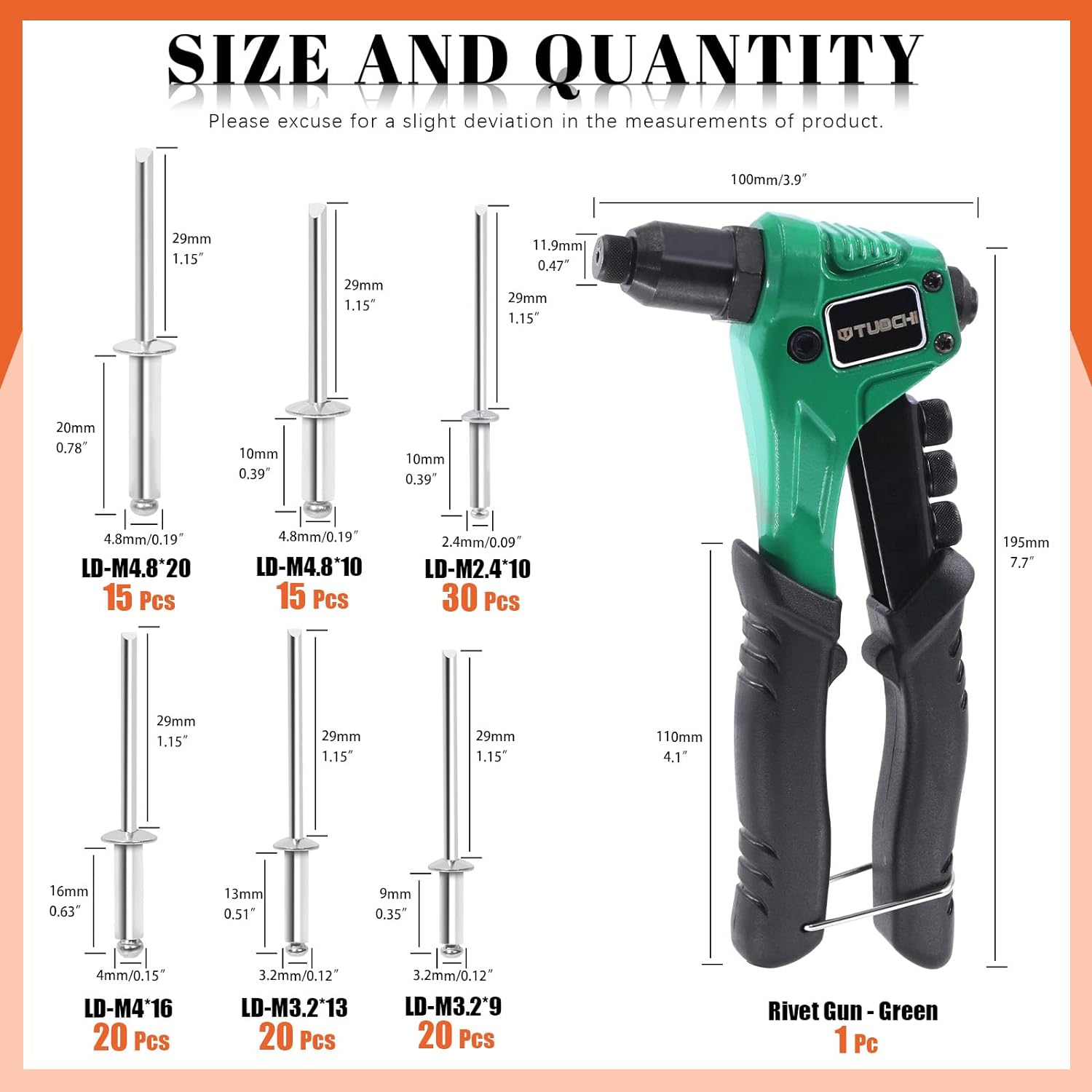 Tanstic 121Pcs 8&rdquo; Rivet Gun with Aluminum Rivets Assortment Kit, Rivet Gun Kit, M2.4 M3.2 M4 M4.8 Blind Rivets Pop Rivets with Storage Case image number 4