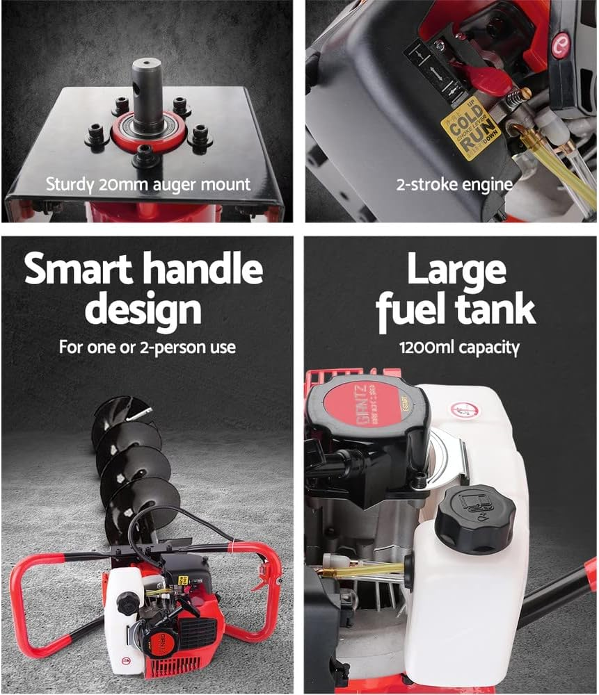 Giantz Post Hole Digger 65Cc Garden Auger Ground Drill Bit Set Power Tools Hand Tool Gardening Accessories Gifts for Seedlings, Flowers Plant Fence Extension, 3M Depth 100/200/300Mm Diameter image number 2