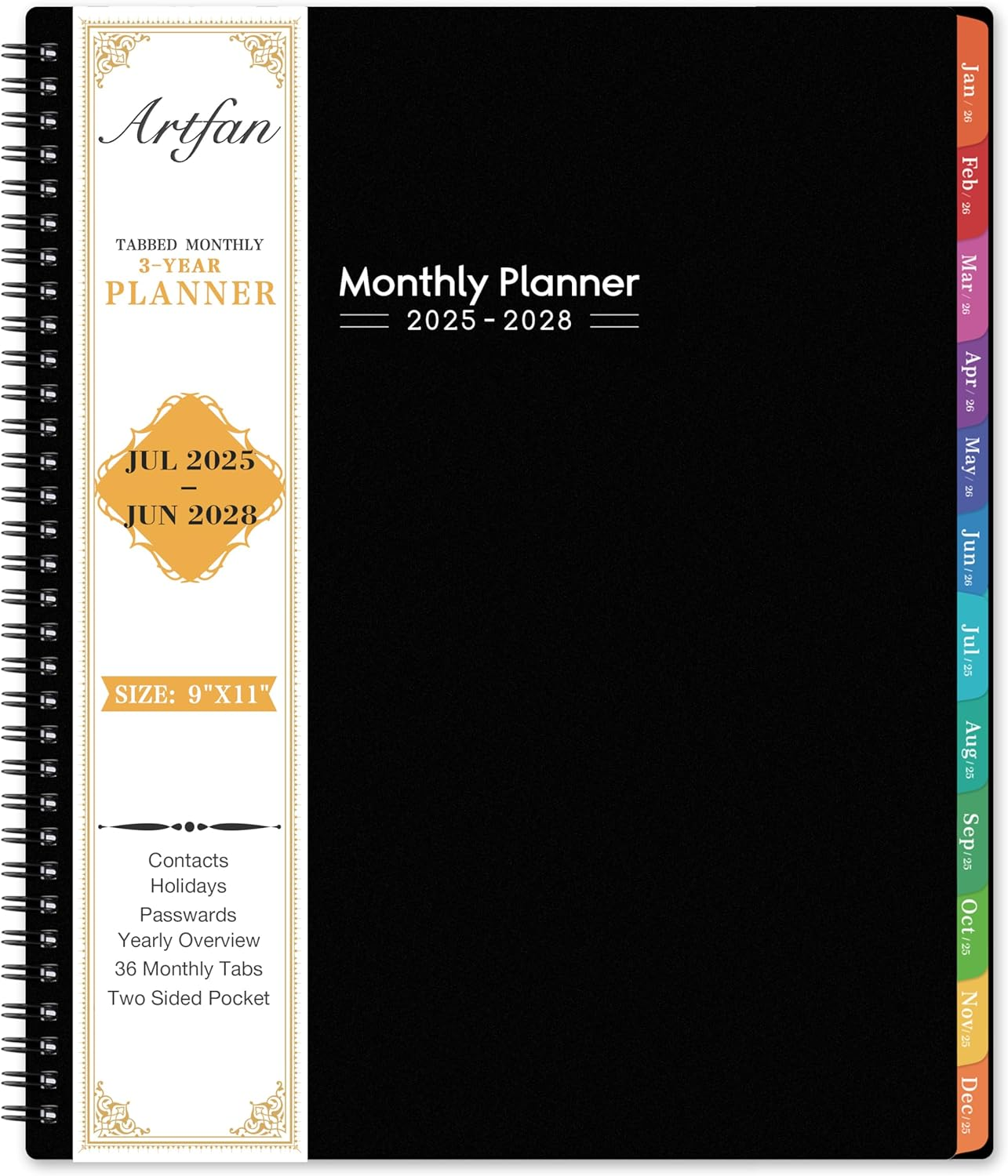 2025-2028 Monthly Planner/Calendar - 3 Year Monthly Planner 2025-2028, Jul.2025 - Jun.2028, 9" X 11", 36-Month Calendar + Colorful Tabs + Pocket - Teal