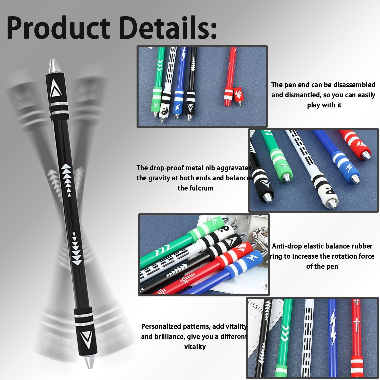 Metal Head Spinning Pen Dual-Color No Refill Needed 8.5-Inch Weighted Fidget Spinner Pen for Adults Office Supplies Finger Spinner for Stress Relief and Brain Training (Black/White) image number 5