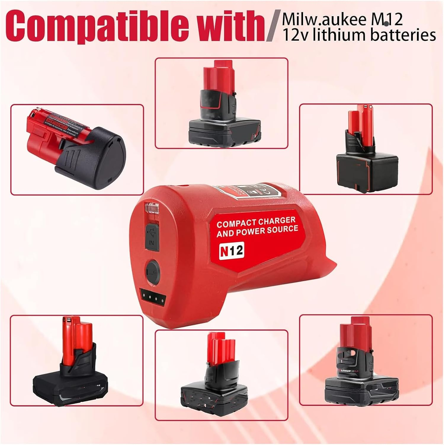 M-12 Battery Charger with Type-C Port & DC 12V Outlet，Power Source Replacement for Milwaukee M12 12V Battery Adapter for Milwaukee Heated Jacket 49-24-2310 Compatible with 48-11-2420 48-11-2411 image number 1