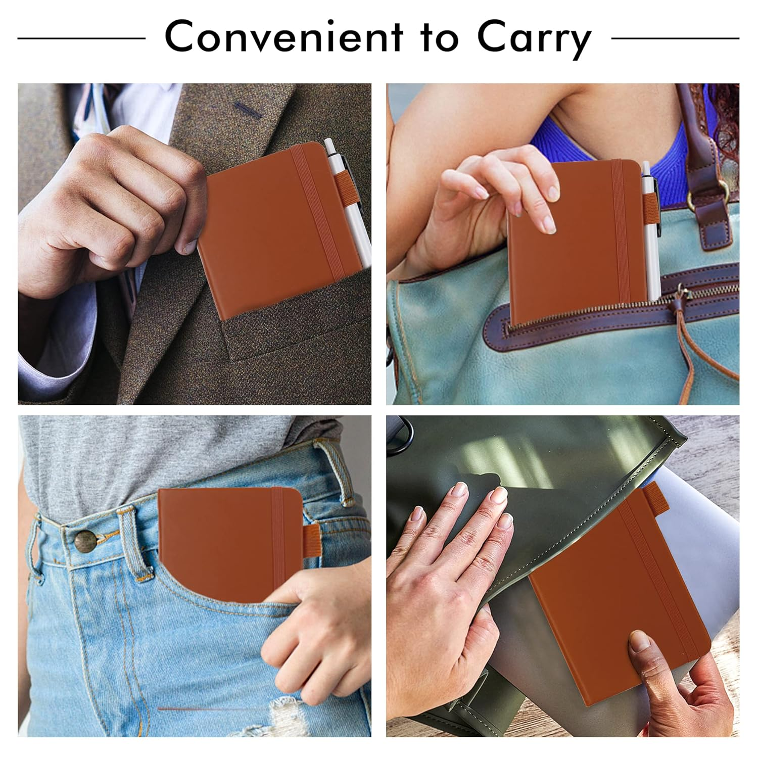 Feela 3 Pack Pocket Notebook Journals, Mini Cute Small Journal Notebook Bulk Hardcover College Ruled Notepad with Pen Holder for Office School Supplies, with 3 Black Pens, 3.5&rdquo;X 5.5&rdquo;, A6, Brown image number 6