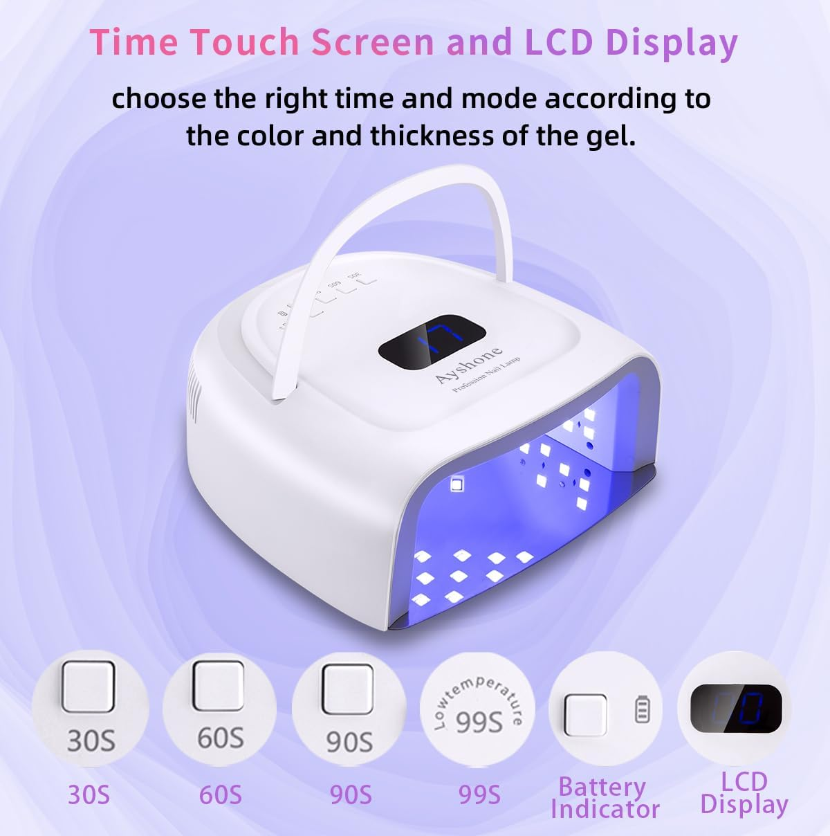 Ayshone Rechargeable LED Gel Nail Lamp,60W Cordless UV Led Nail Light Nail Dryer for Gel Nails with Lifting Handle Touch Sensor LCD Screen(White) image number 2