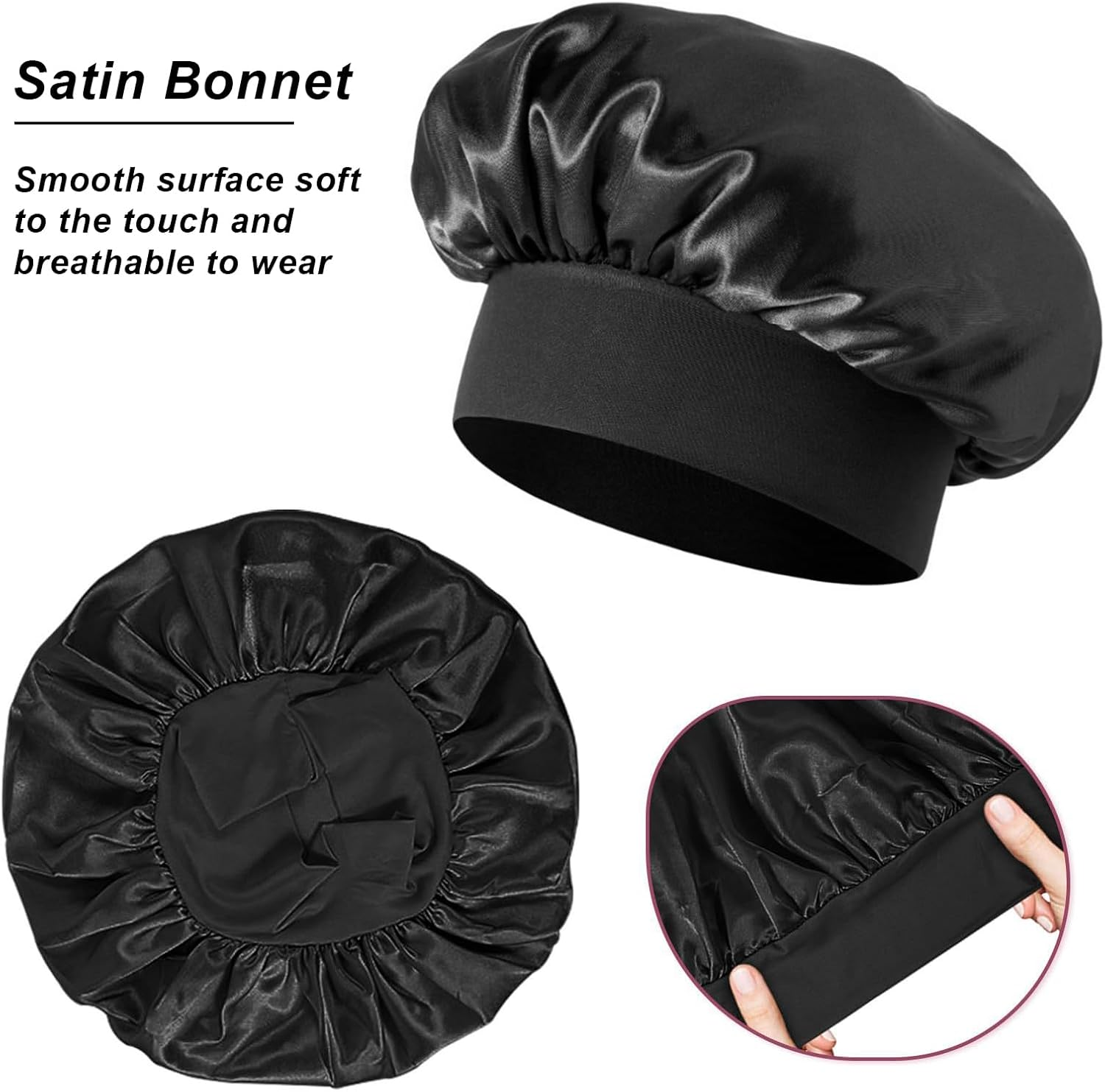 Wesoke 2Pcs Satin Bonnet Silk Bonnets for Sleeping, Women Hair Bonnet for Curly Hair Braids, Large Sleep Cap Reusable Bath Shower Cap for Woman Men (Black) image number 3