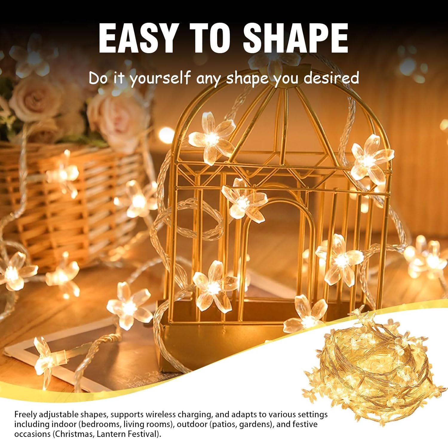 6M 40 LED Cherry Blossom Fairy Lights - Battery Operated Indoor String Lights, Waterproof Decoration for Camping, Garden, Birthday, Easter, Christmas, and Wedding Parties (Warm White) image number 4