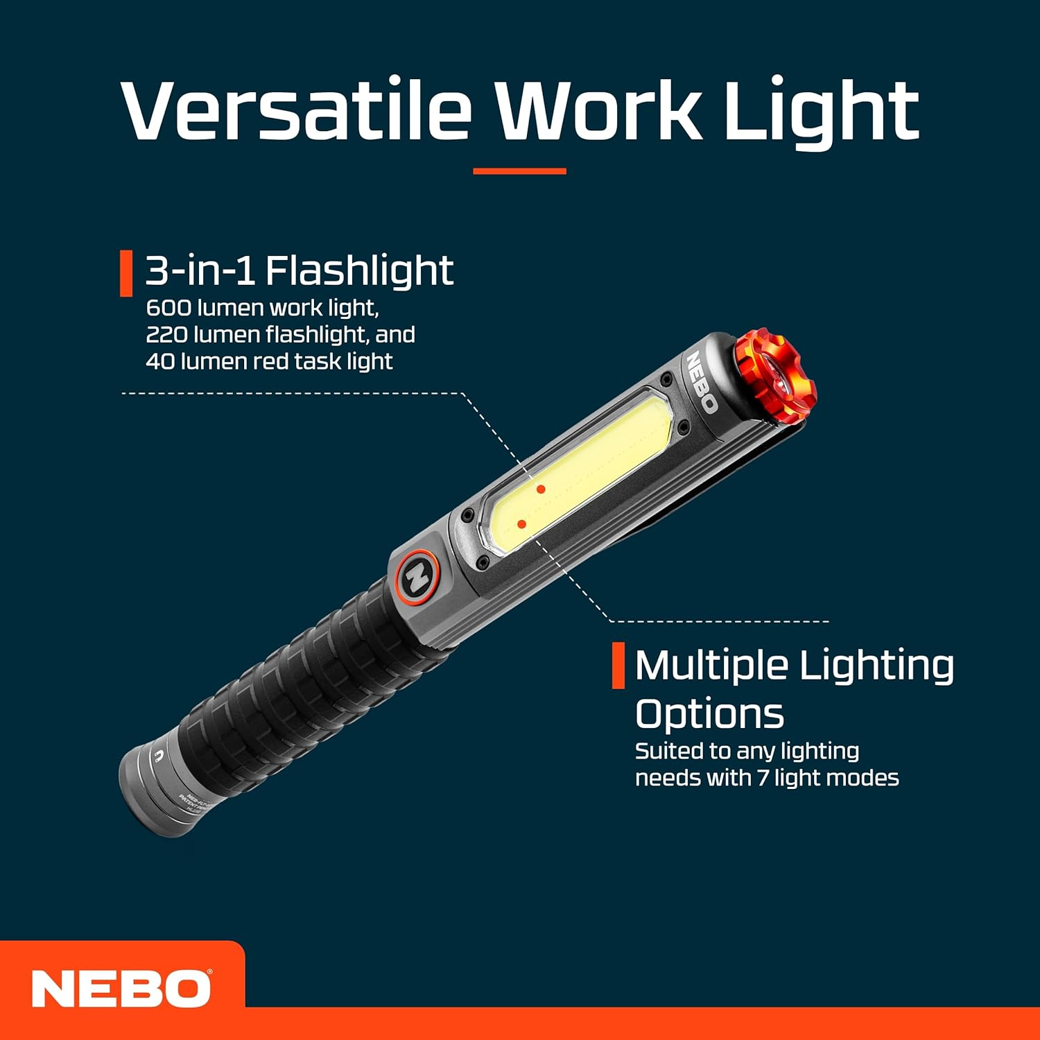NEBO Big Larry 3 PRO + Rechargeable 3‑In‑1 Work Light & Flashlight &ndash; 600 Lumens COB Light, 220 Lumen Spot, Red Night Vision & Strobe, USB‑C, Magnetic Base, IPX7, Aircraft‑Grade Aluminium image number 6