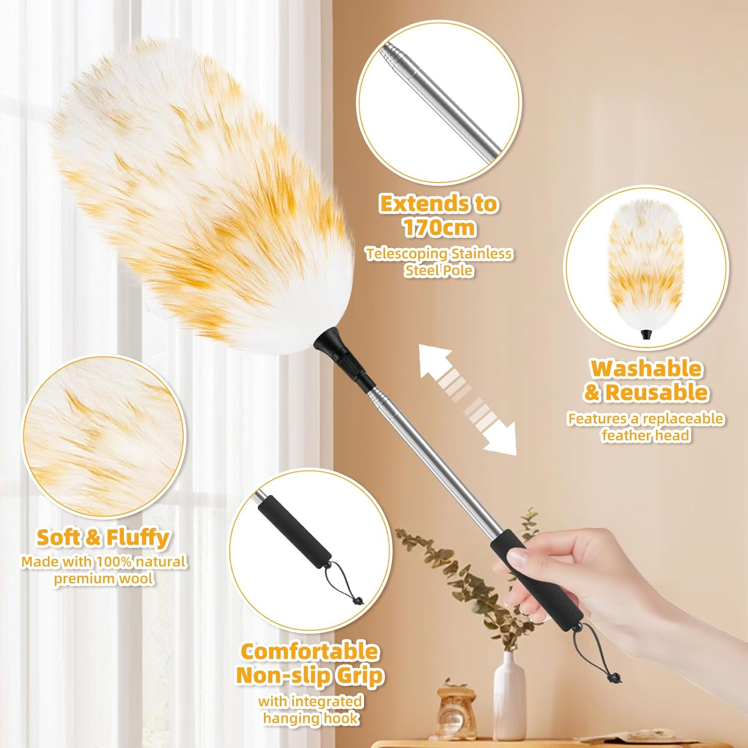 Nicemiya Lambswool Telescopic Duster - Extendable up to 190 Cm for High Surfaces and Sensitive Devices, Washable and Scratch-Proof (1 Lambswool Duster + 1 Replacement Head) image number 5