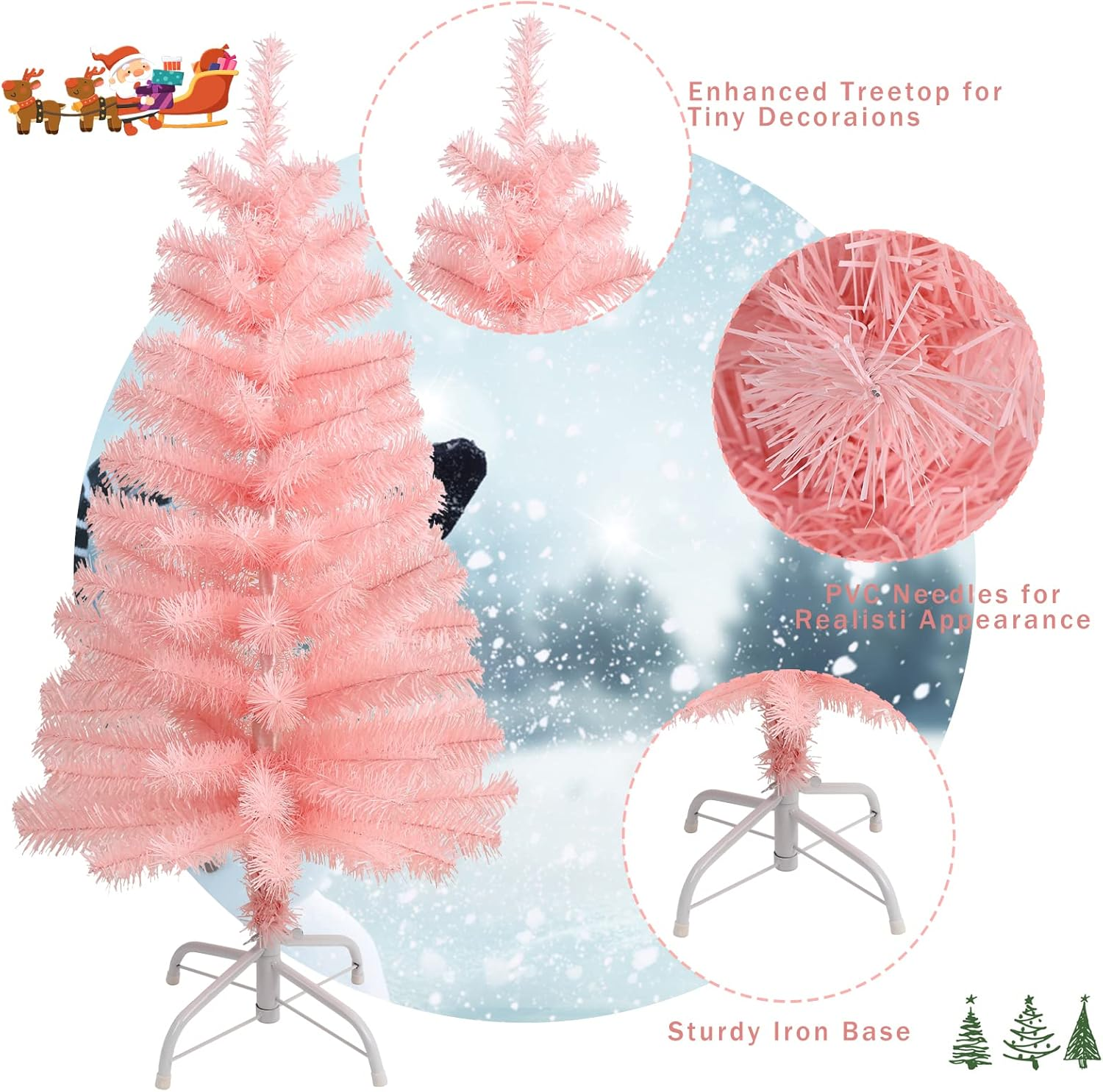 CCINEE 3Ft Artificial Christmas Tree, Pink Tabletop Hinged Christmas Tree with Metal Stand 130 Branch Tips Mini Tree for Xmas Party Supplies Home Indoor Decoration - 3Ft Green image number 4