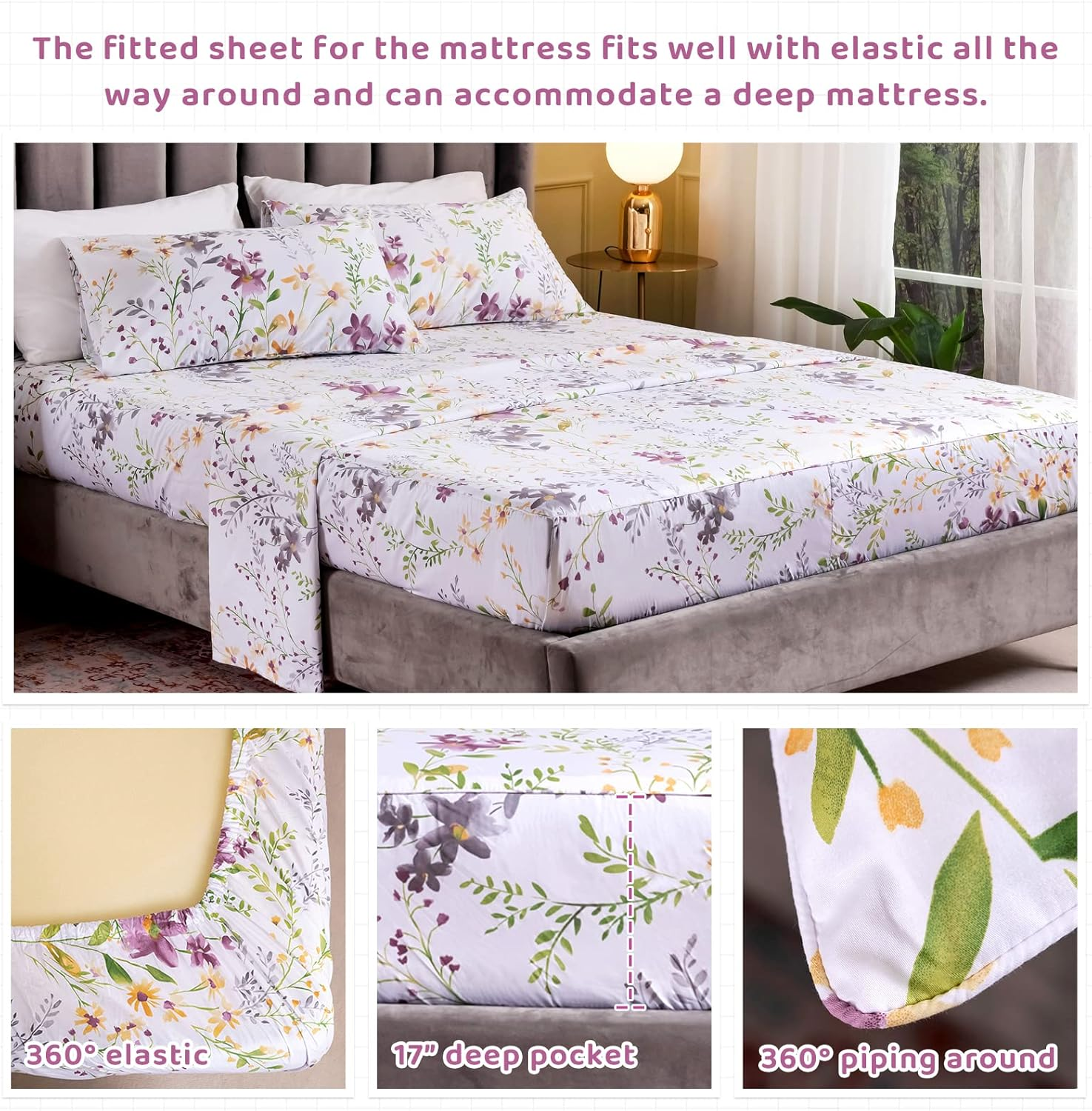 Queen'S House Romantic Garden Floral Bed Sheet Queen Set-W image number 6