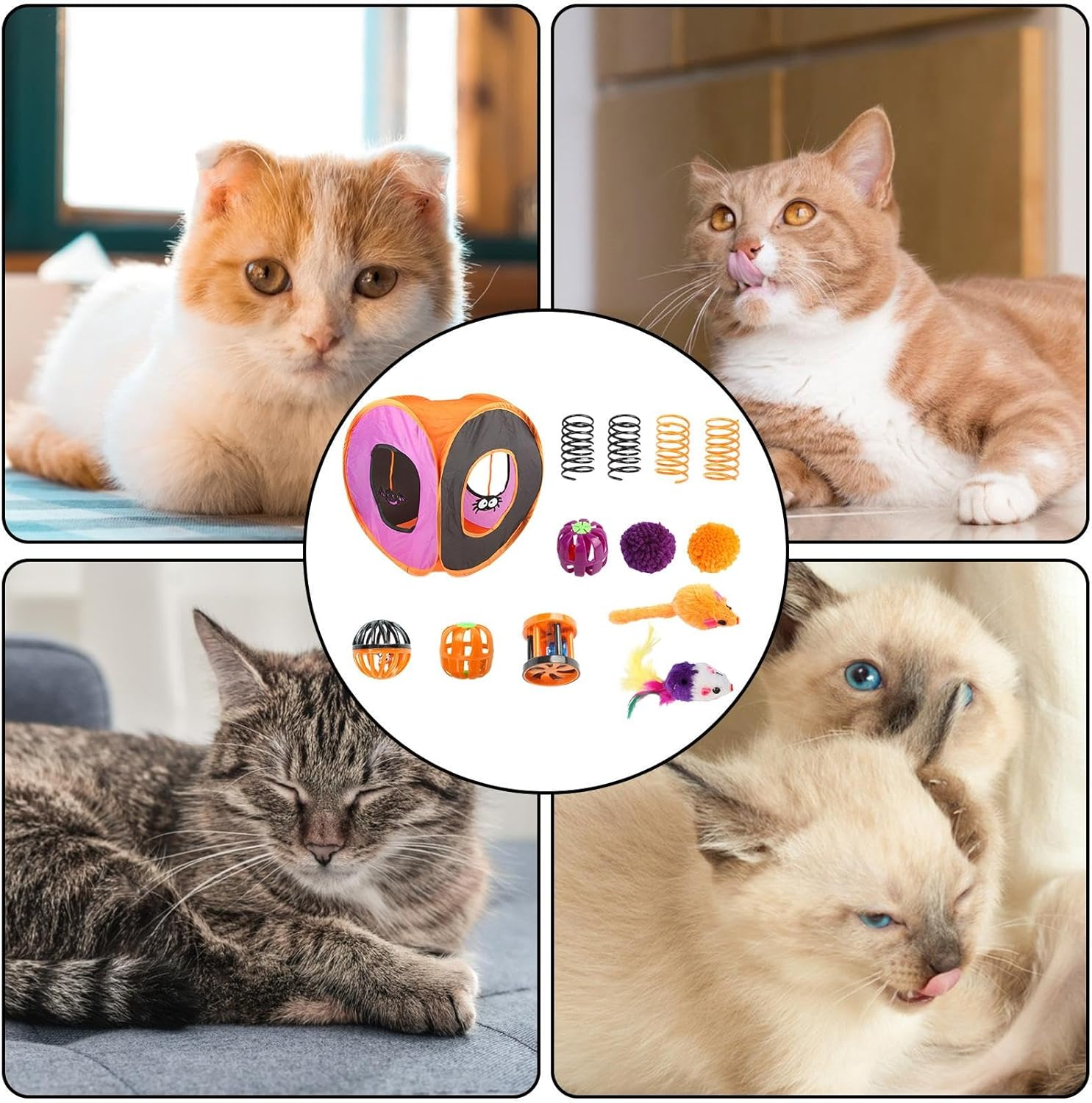 Interactive Cat Toys | Cute Cat Tunnel Toy - Halloween Cat Feather Wand Ball Spring Mice Toys, Folding Square Channel Kitten Starter Kit for Pets