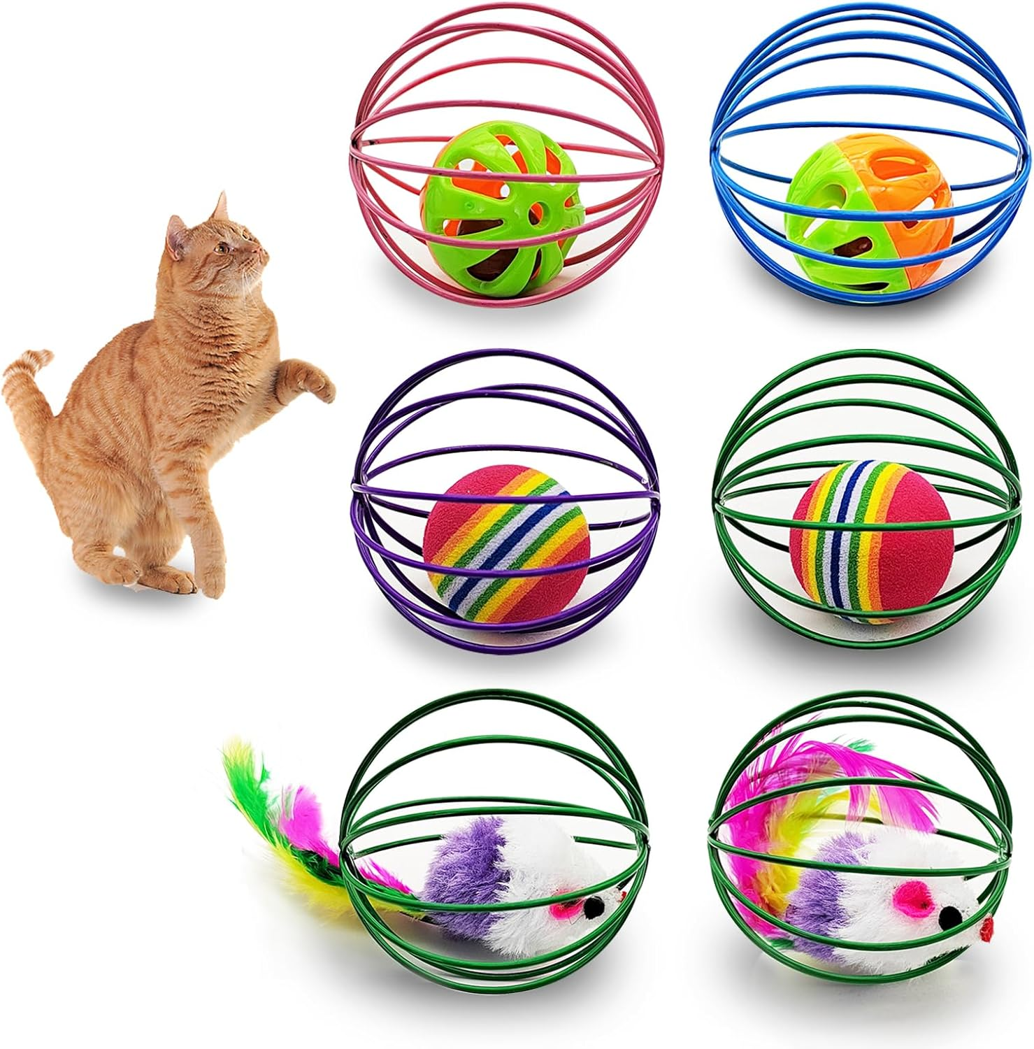 Andiker 6 Pieces Cat Spring Toy, 2.1 Inch Colourful Cat Spring Balls with Mice & Bell Ball & Rainbow Ball Metal Cage Balls Spring Cat Toy for Cat Kicking Exercise (Random Colour 1)