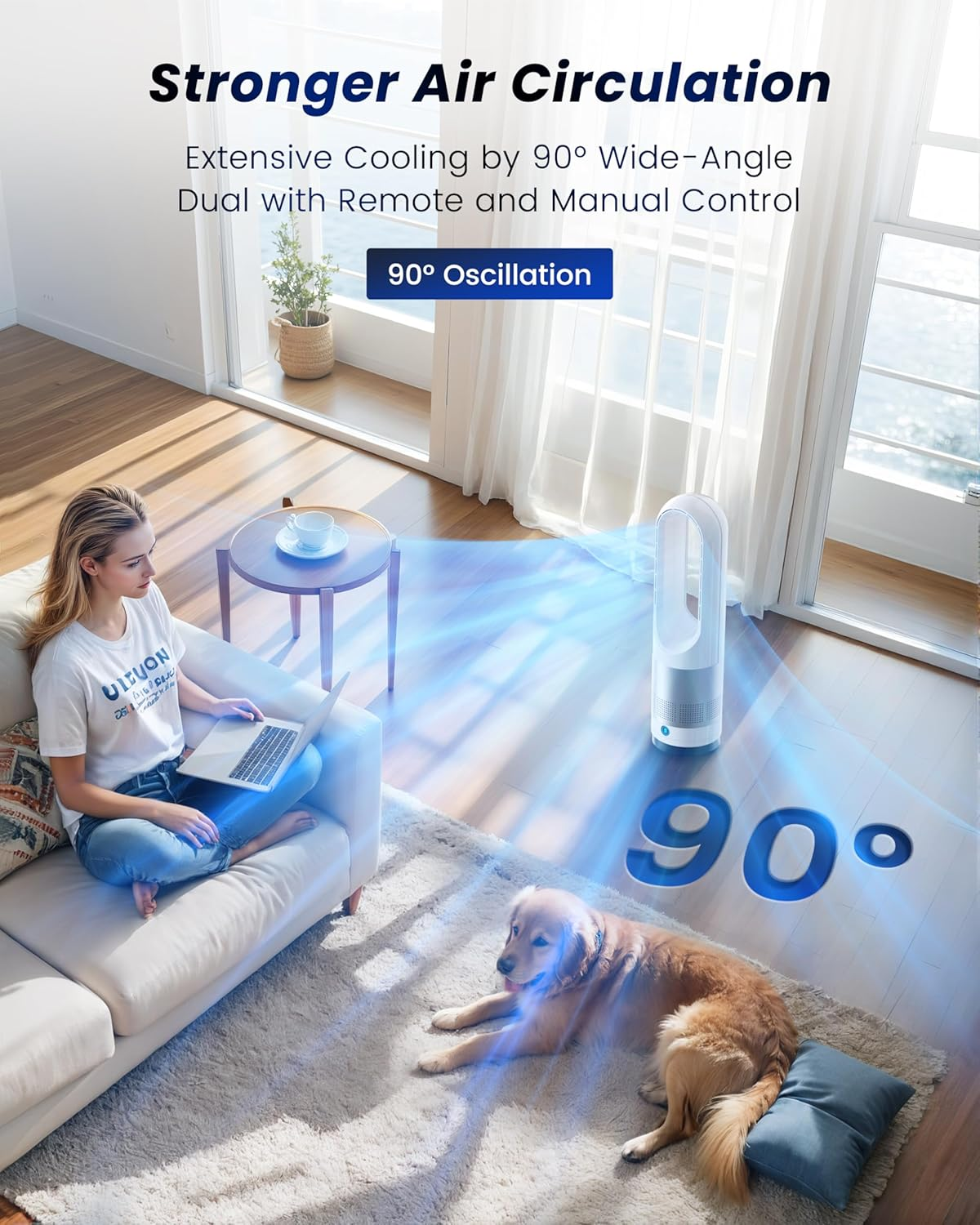 Bladeless Tower Fans for Bedroom - 8In1 Pedestal Fan Cooling Quiet, 90&deg; Oscillating Tower Fan with 8 Speeds, 8 Hour Timer, Oscillating Pedestal Fan with Remote for Indoor, Bedroom, Home & Office